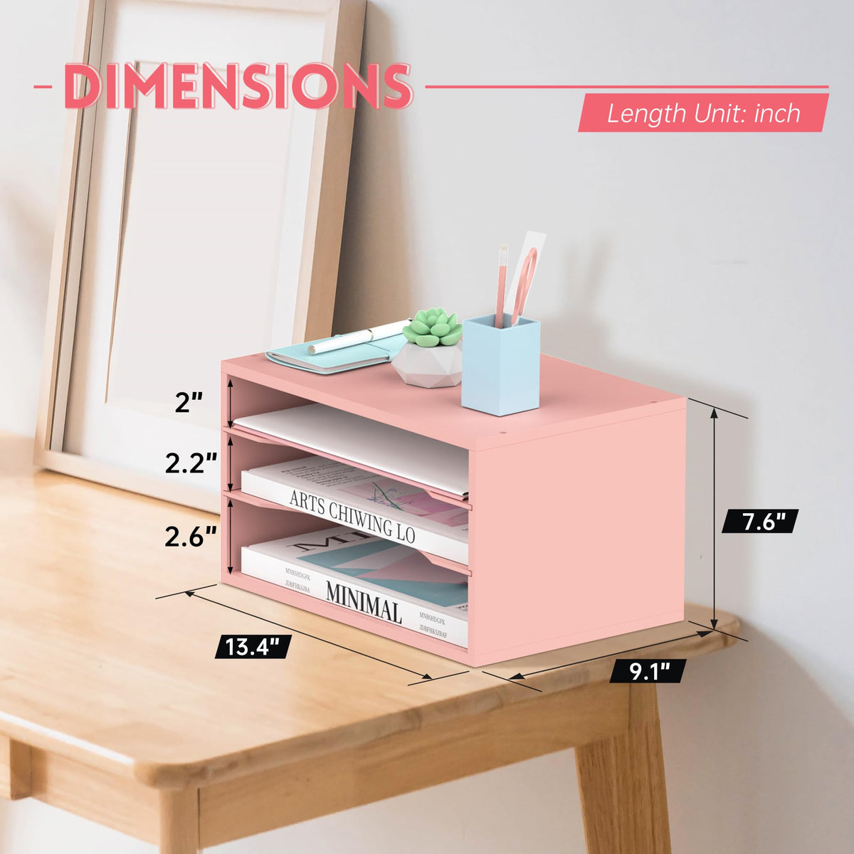3 Tier Wood Desk Organizer, Mail Sorter and Paper Organizer for Desk, Pink