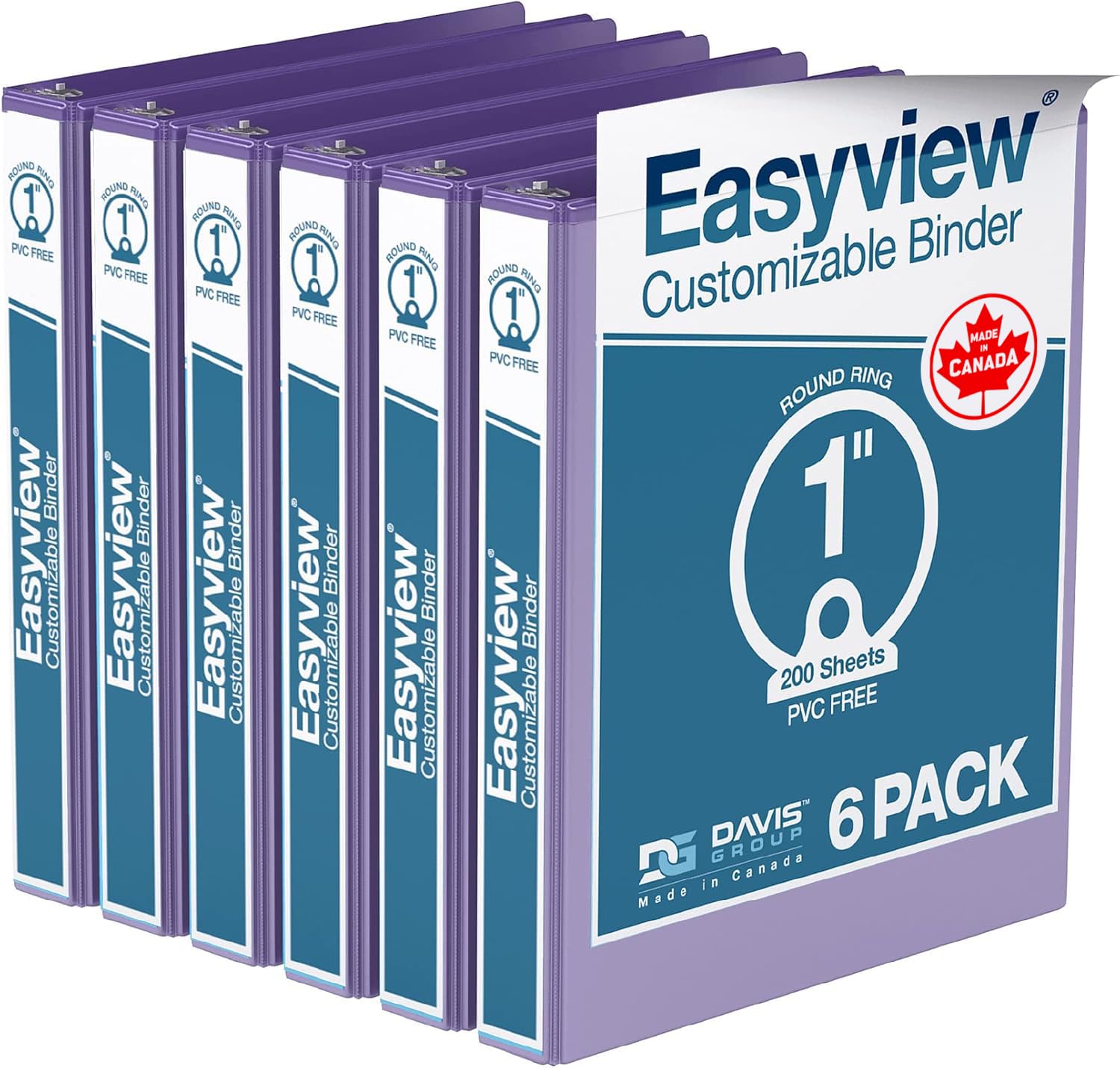 Easyview 3-Ring Binder, Clear-View Cover, 1" Round Rings, Purple, 6 Pack