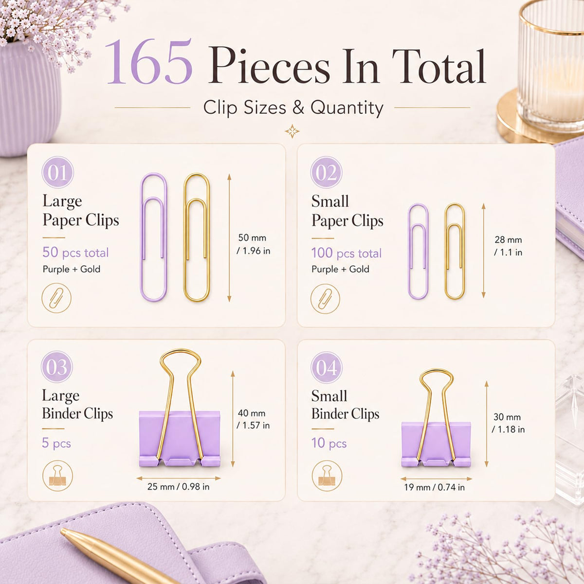 Creechwa Paper Clips and Binder Clips Set, Purple & Gold, Assorted Size Clips