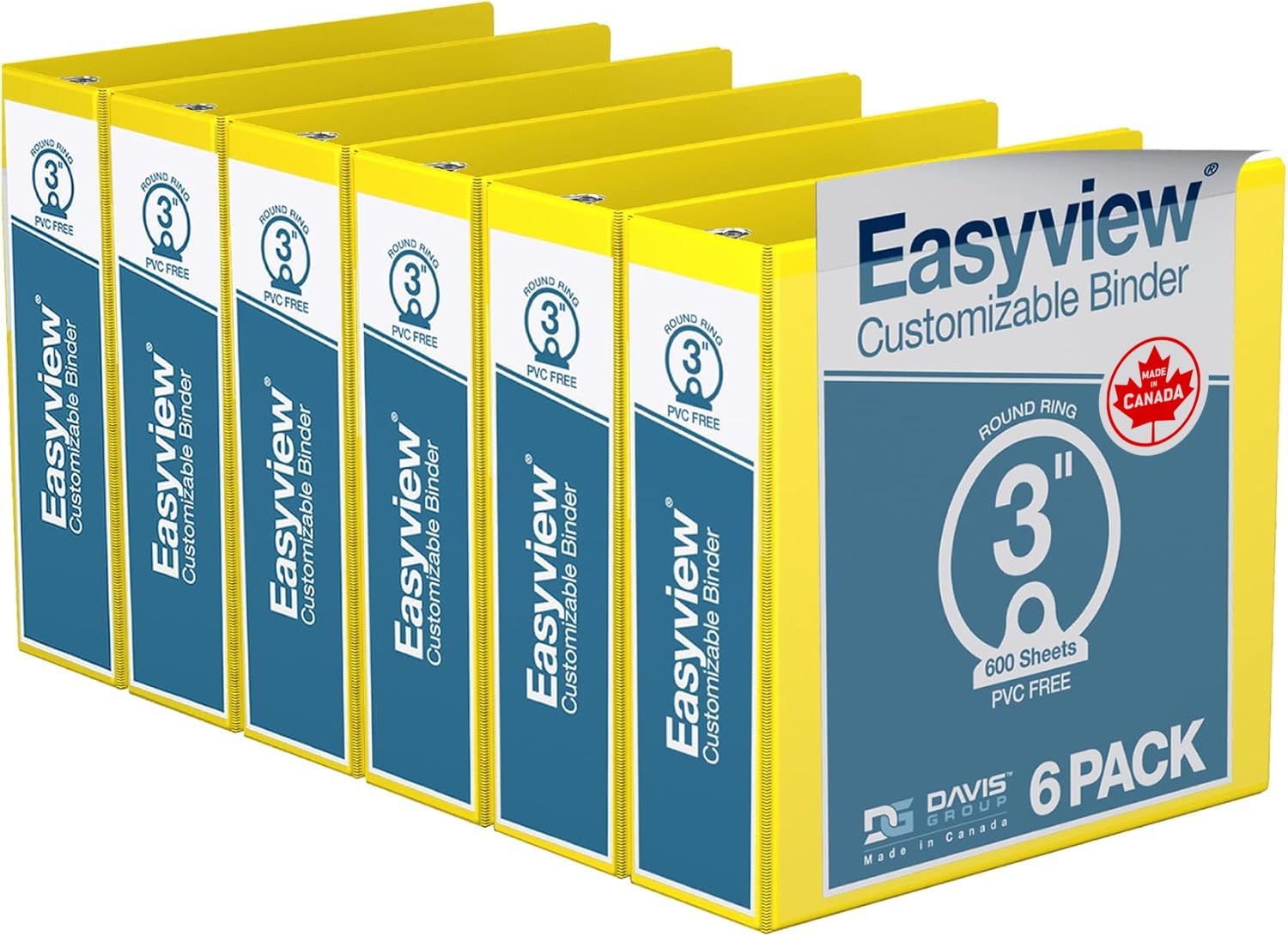 Easyview 3-Ring Binder, Clear-View Cover, 3" Round Rings, Yellow, 6 Pack