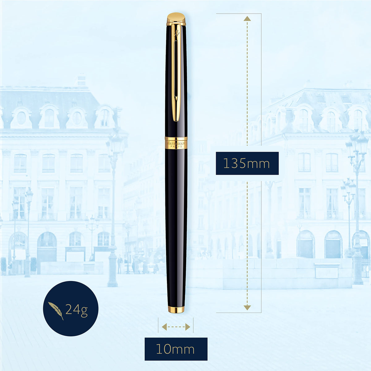 Waterman Hemisphere Fountain Pen Black with Gold Trim Medium Nib Blue Ink Gift Box