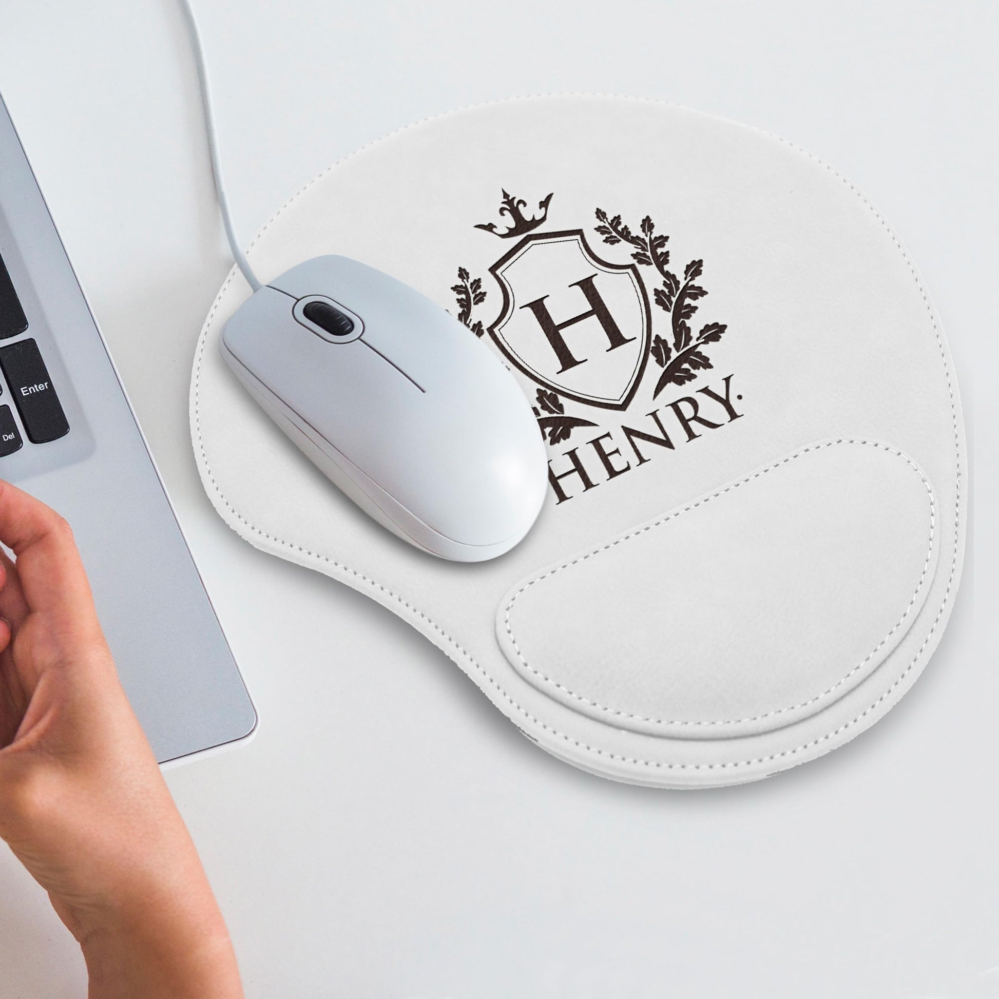 Custom Engraved and Personalized Mouse Pad with Wrist Rest Desk Accessories (White)