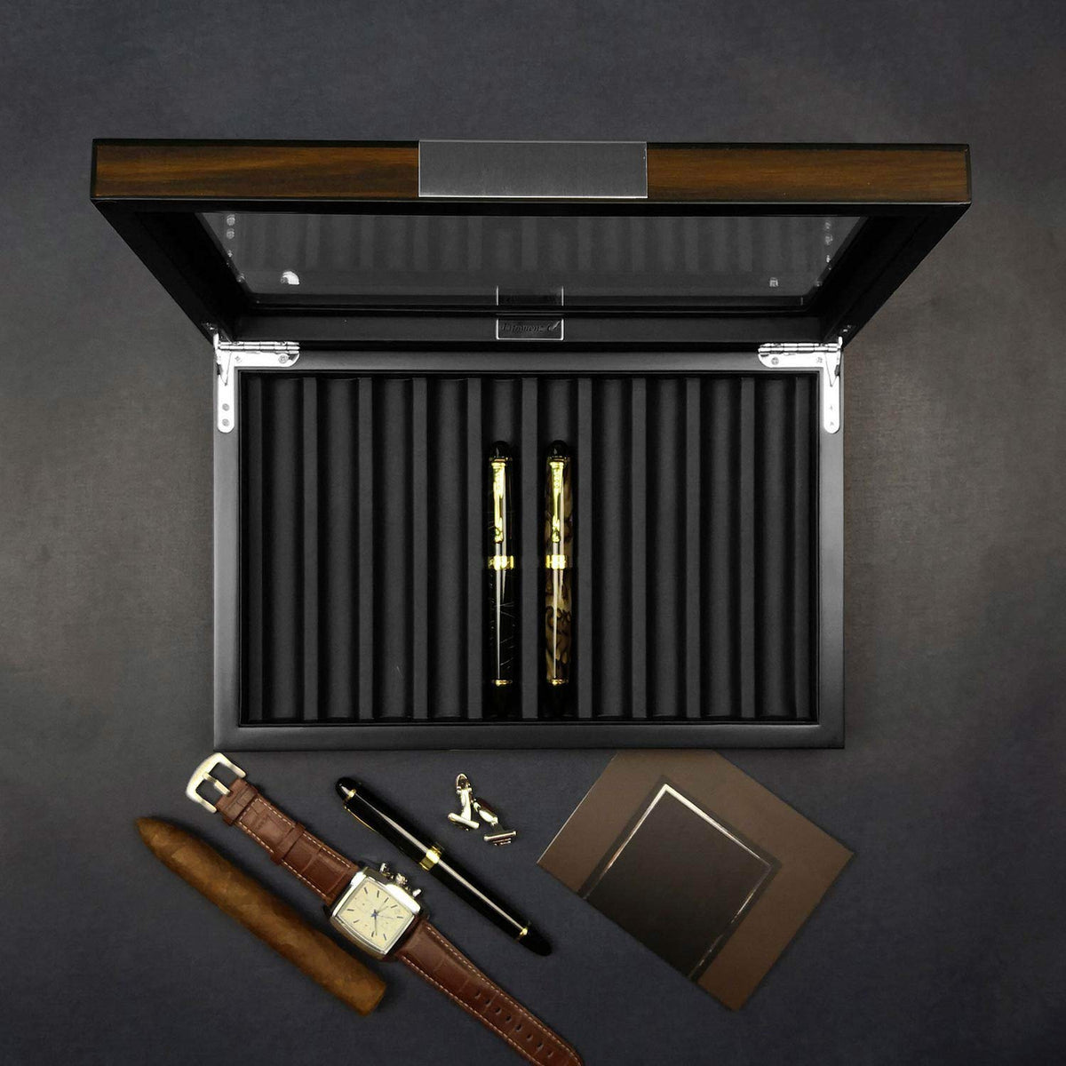 Lifomenz Co Wood Pen Box - 10 Slot Organizer With Glass Lid, Top Window Display Case for Collection