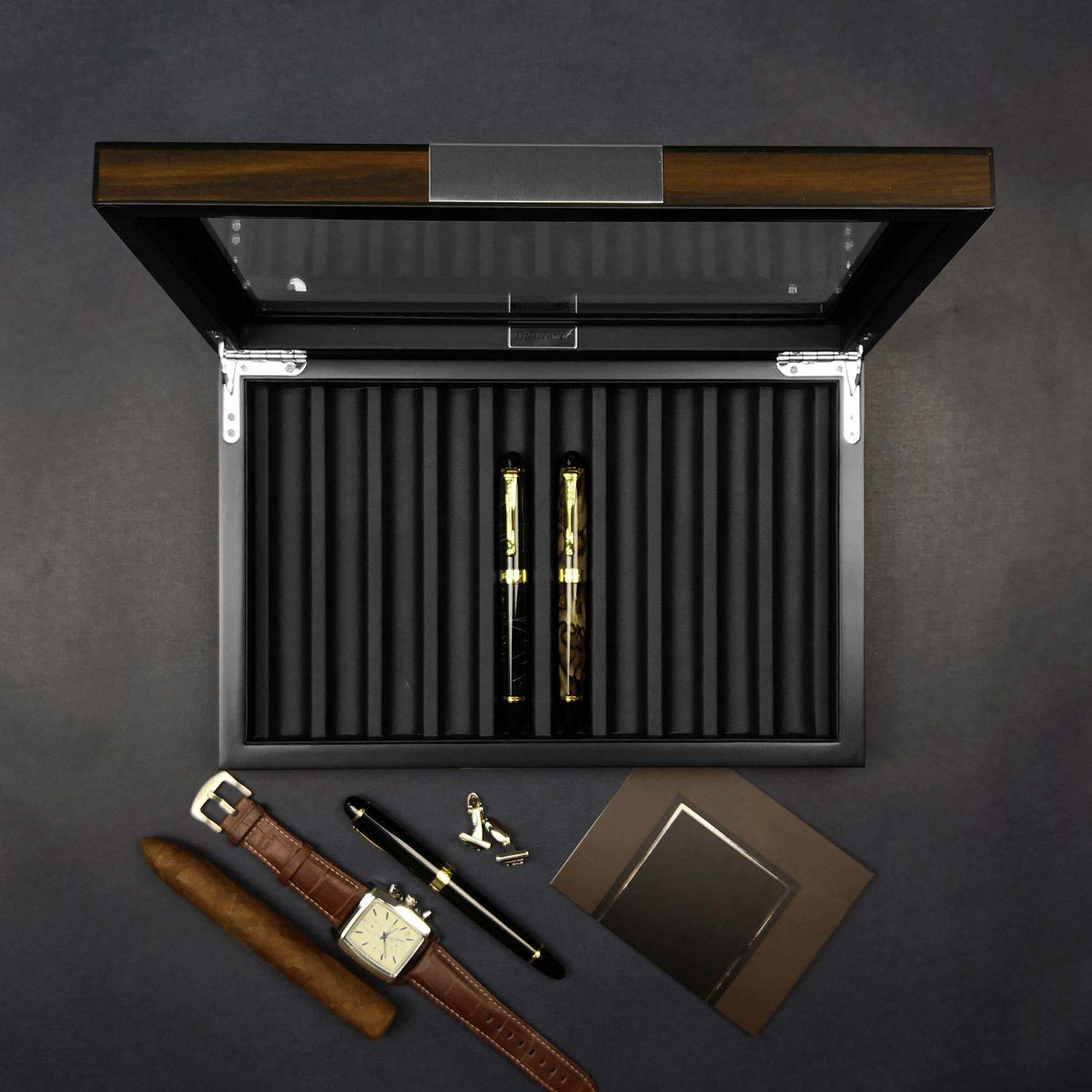 Lifomenz Co Wood Pen Box - 10 Slot Organizer With Glass Lid, Top Window Display Case for Collection