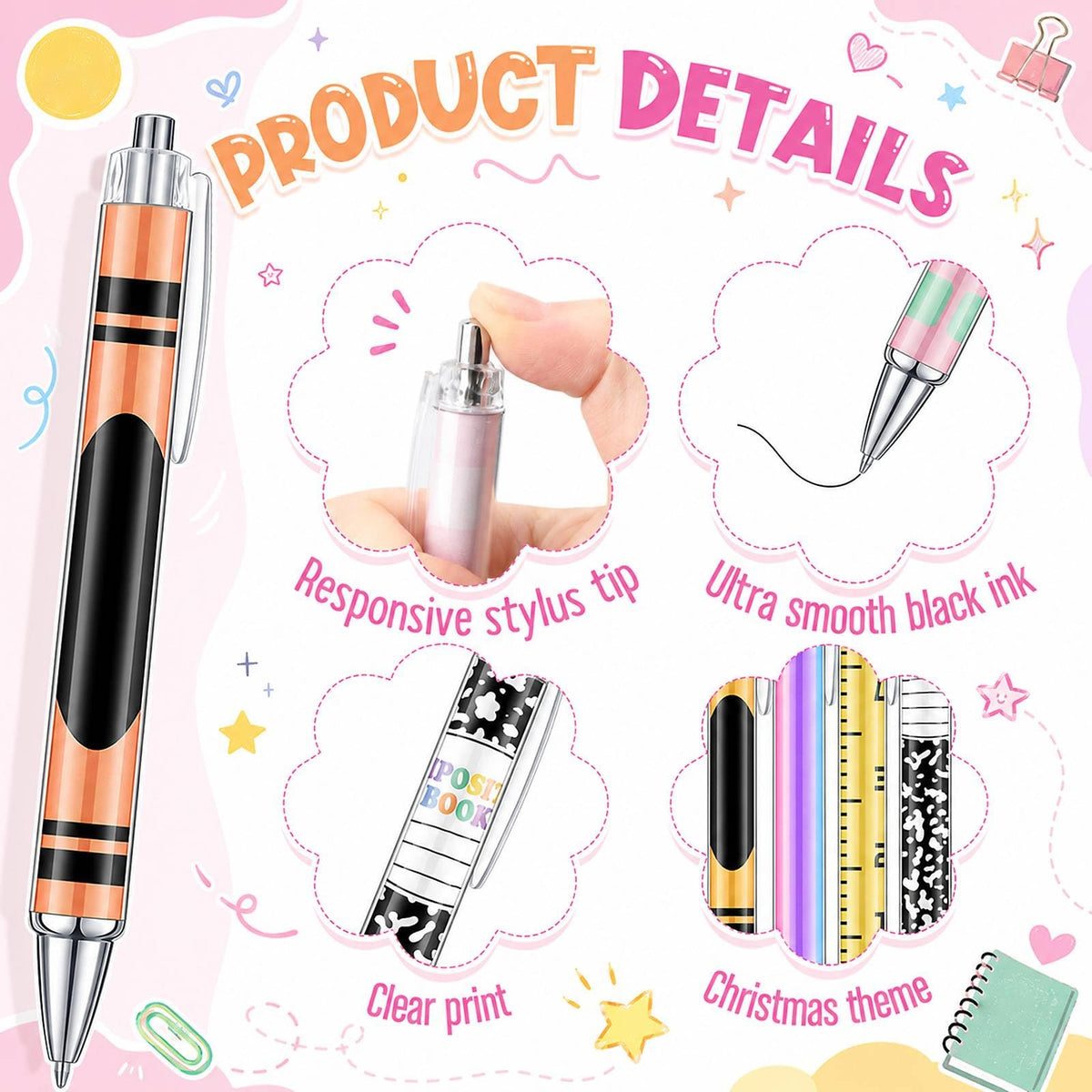 Cholemy 48 Pcs Composition Notebook Pens Bulk Pack, 12 Styles Retractable Ballpoint Pens, Cute