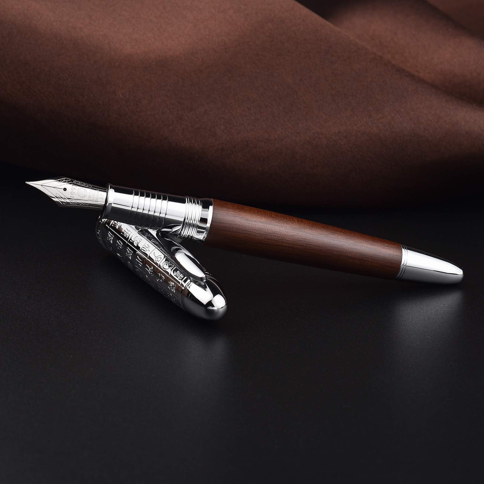 Asvine Hongdian 6016 Natural Wood Fountain Pen, Iridium Fine Nib Writing Pen with Metal Pen Case
