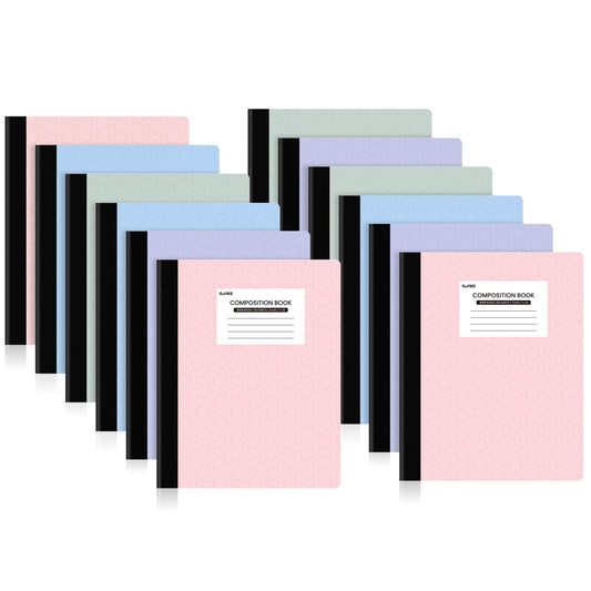 SUNEE Composition Notebooks - Wide Ruled Paper, 12 Pack Composition Book, 9 3/4" x 7 1/2", 80