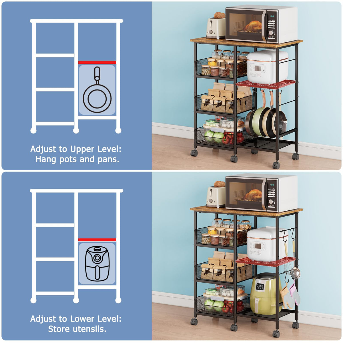 Rolling Kitchen Microwave Organizer Cart, Adjustable Shelves, Black