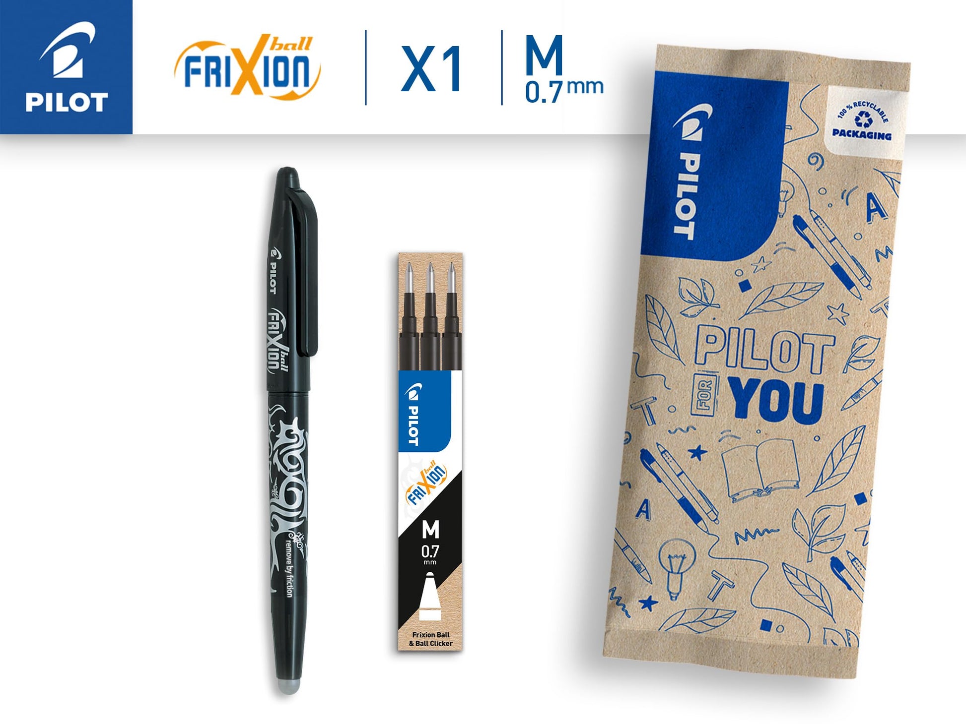 PILOT - FriXion Ball Erasable Pen Set - Medium 0.7mm Tip Rollerball - 1 x Black Pen, 3 x Black