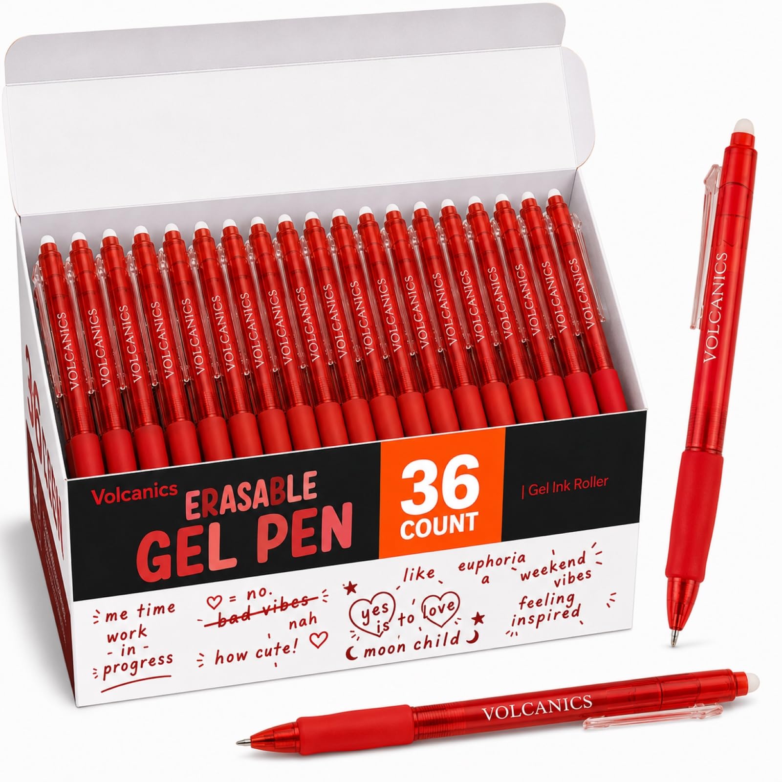 Volcanics Erasable Gel Pens Red Ink, 0.7MM,36 Pack Retractable Clicker Gel Ink Pen, Fine Point