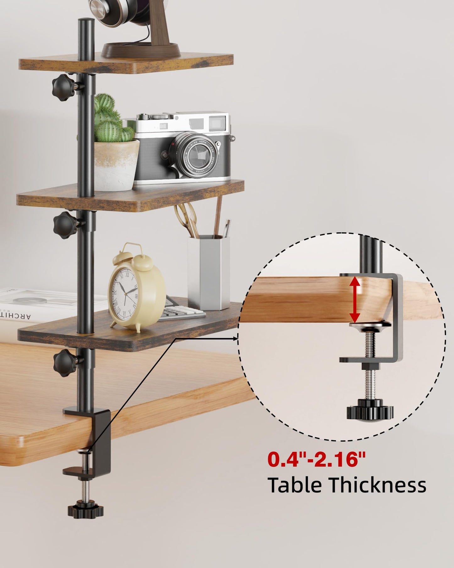ART-GIFTREE 3 Tiers Clamp On Desk Shelf, 360° Angle Adjustable Desktop Shelf Organizer for Home