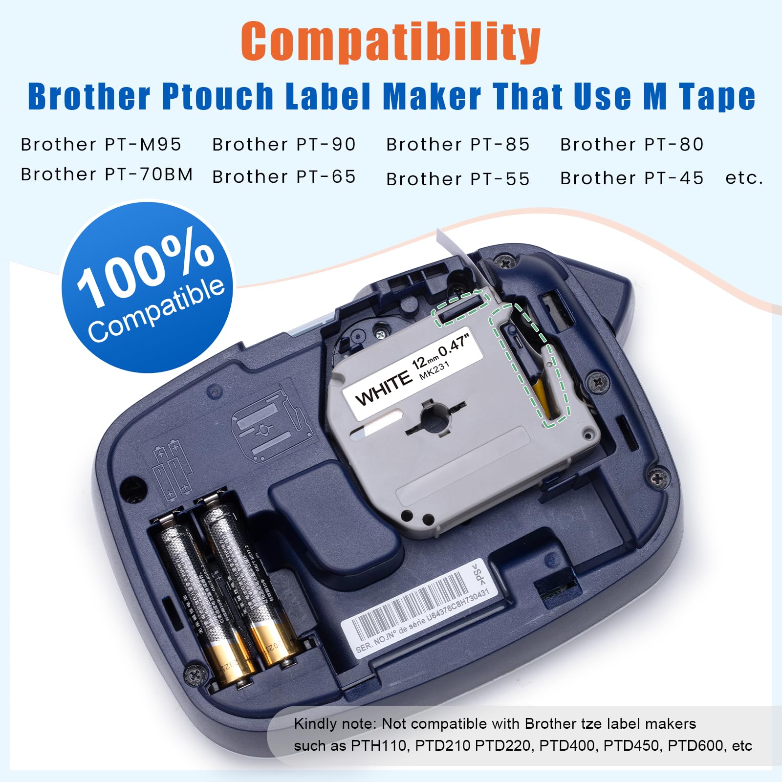 Replace for Brother M Tape 12mm 0.47 Color P Touch PTM95 Label Tape
