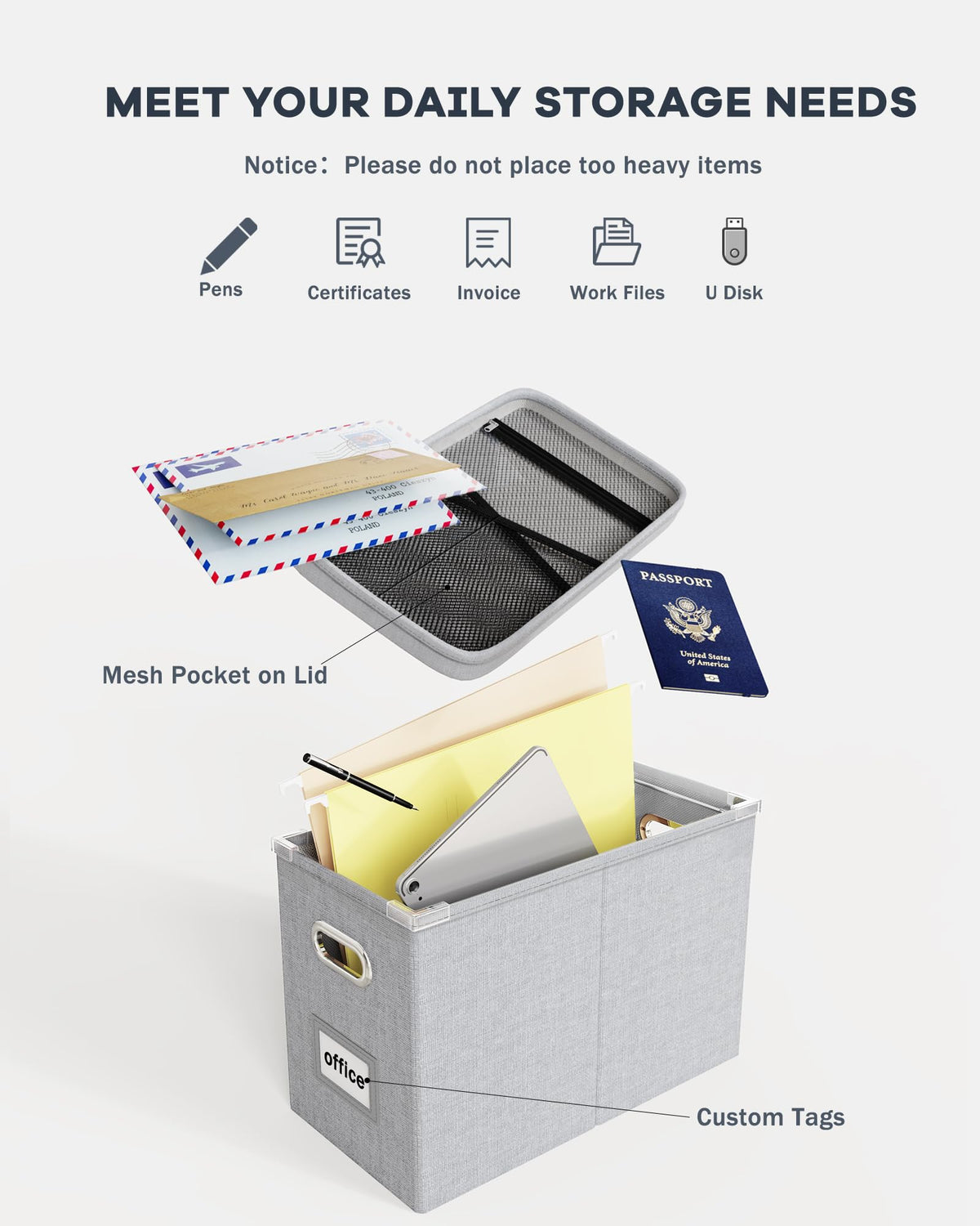 Oterri File Organizer with Lid, Hanging Filing Box with Mesh Pocket, Document Organizer for Letter