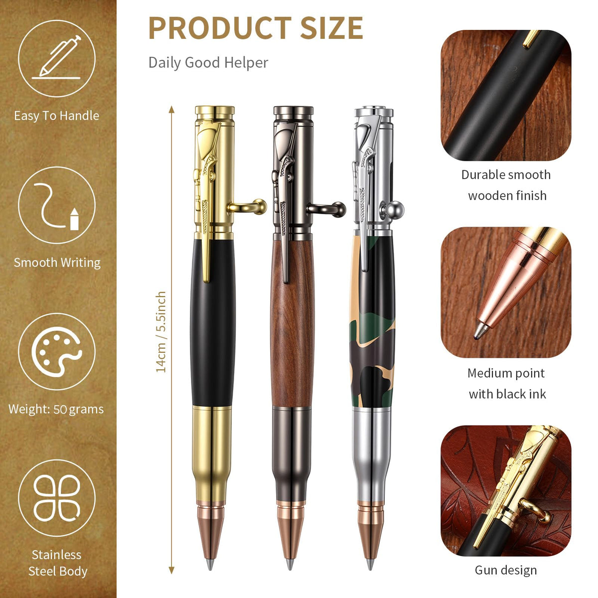 Crtiin 3 Sets Bolt Action Bullet Pens, Gift Boxed,Black Camouflage Gold