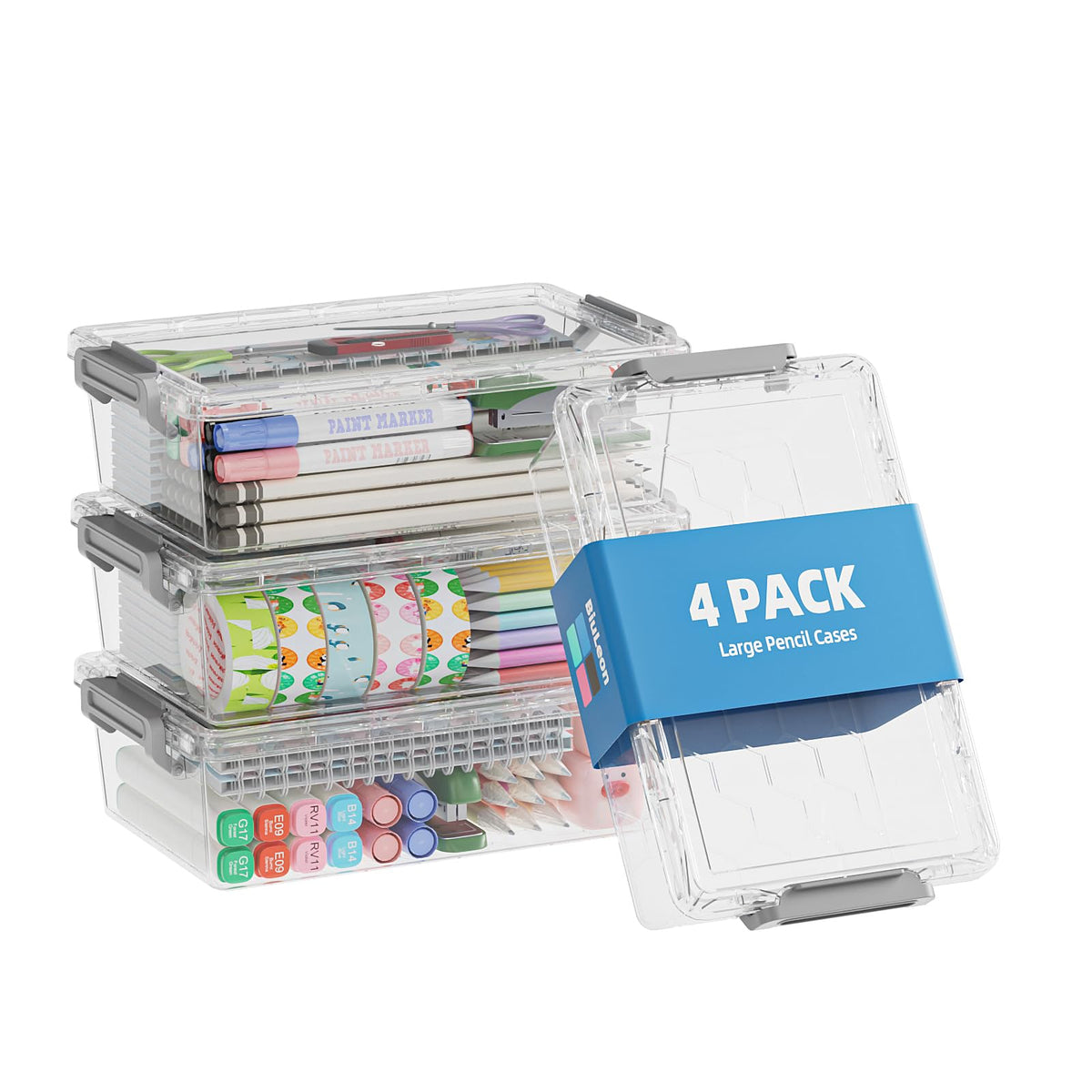 BiuLeon 4 Pack Extra Large Pencil Box, Plastic Pencil Case Organizer, Clear Crayon Box Marker