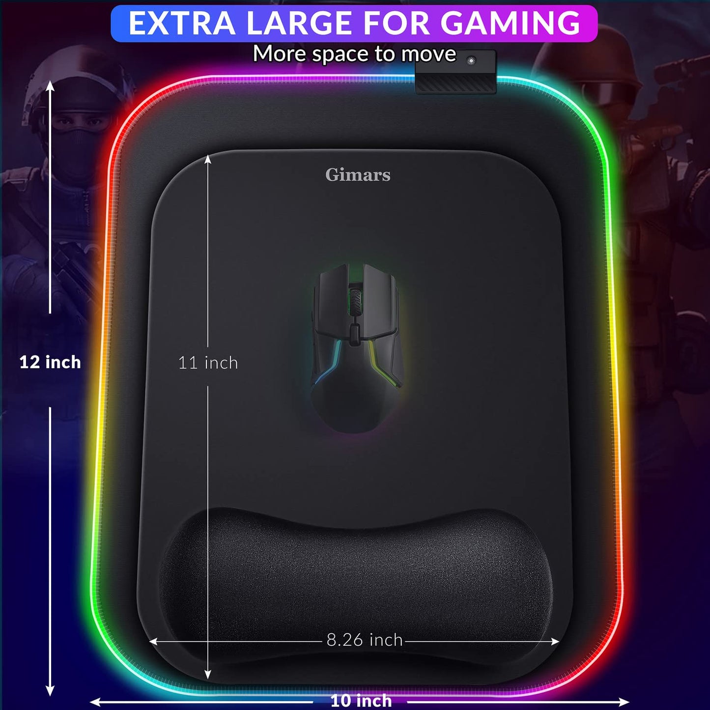 Gimars RGB Mouse Pad with Wrist Rest Support, 12 x 10 in Extra Large Ergonomic Gaming Mouse Pad