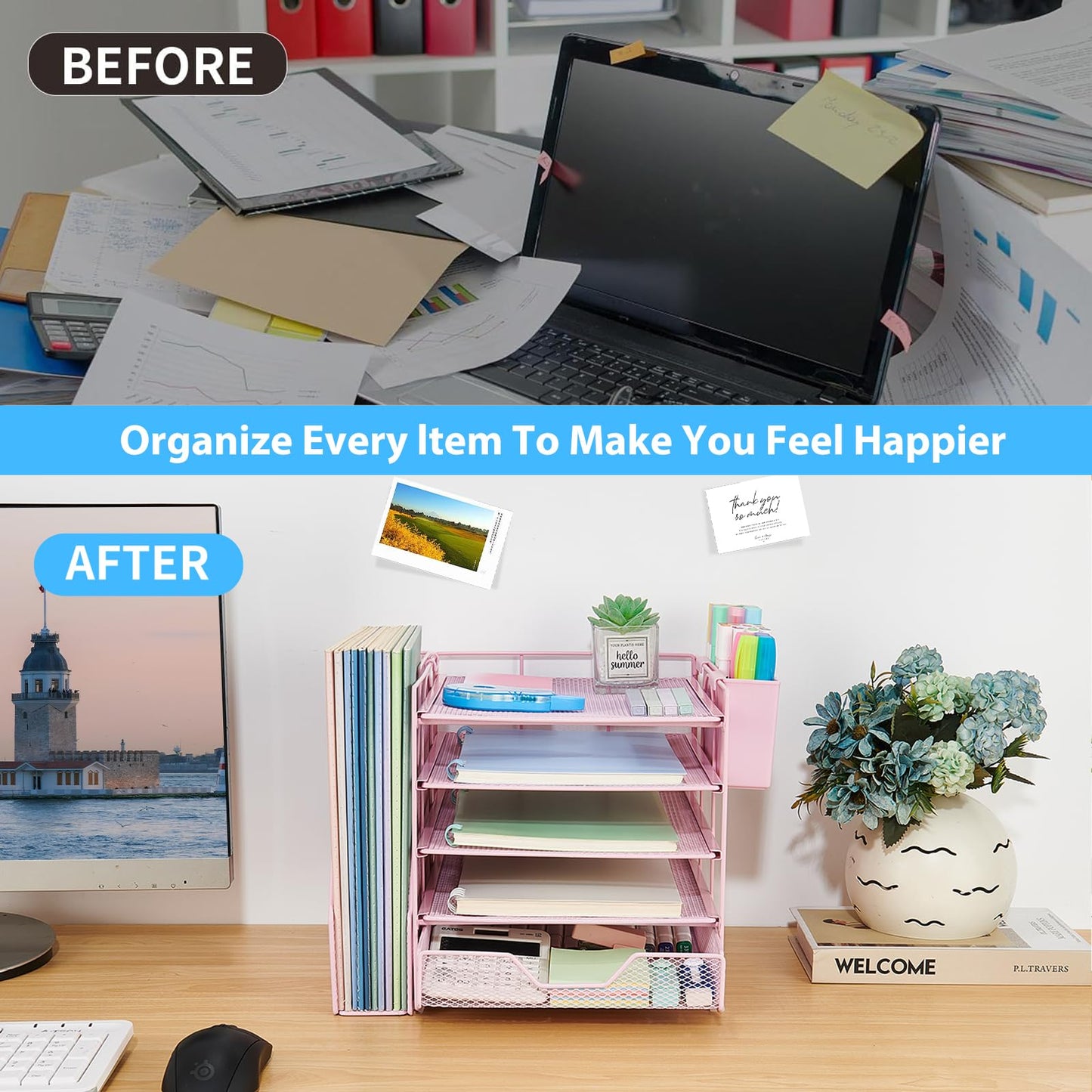 Gugsey 5-Tier Desk File Organizer with Drawer & Pen Holder (Pink)