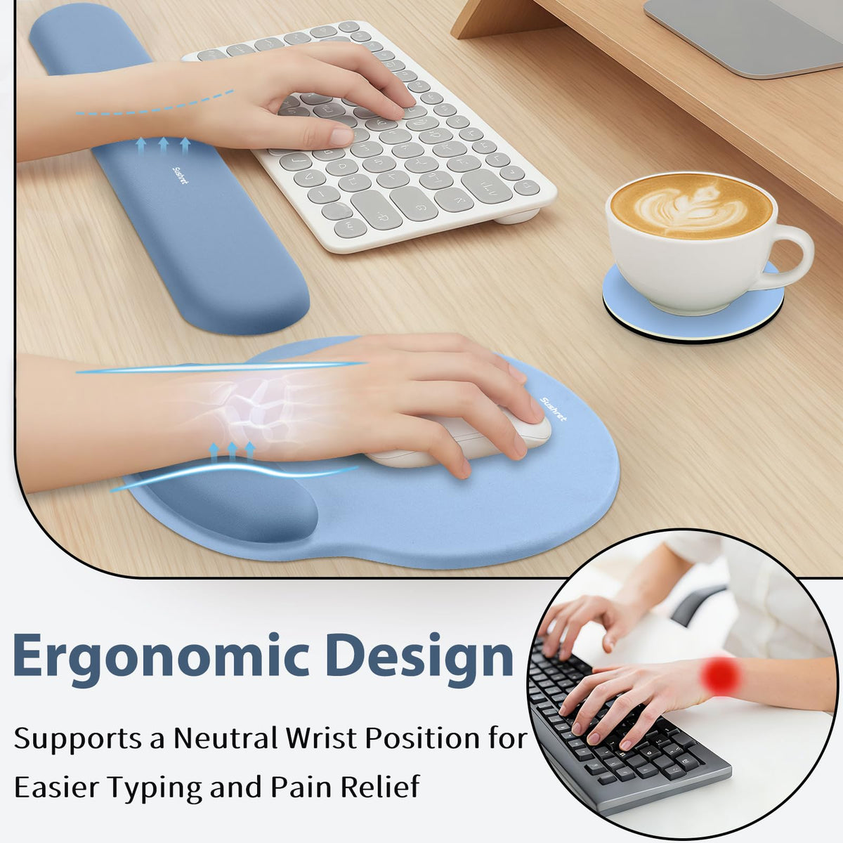 Sushret Mouse Pad and Keyboard Wrist Rest, 3-in-1 Gel Memory Foam Ergonomic Mouse Pad with Wrist