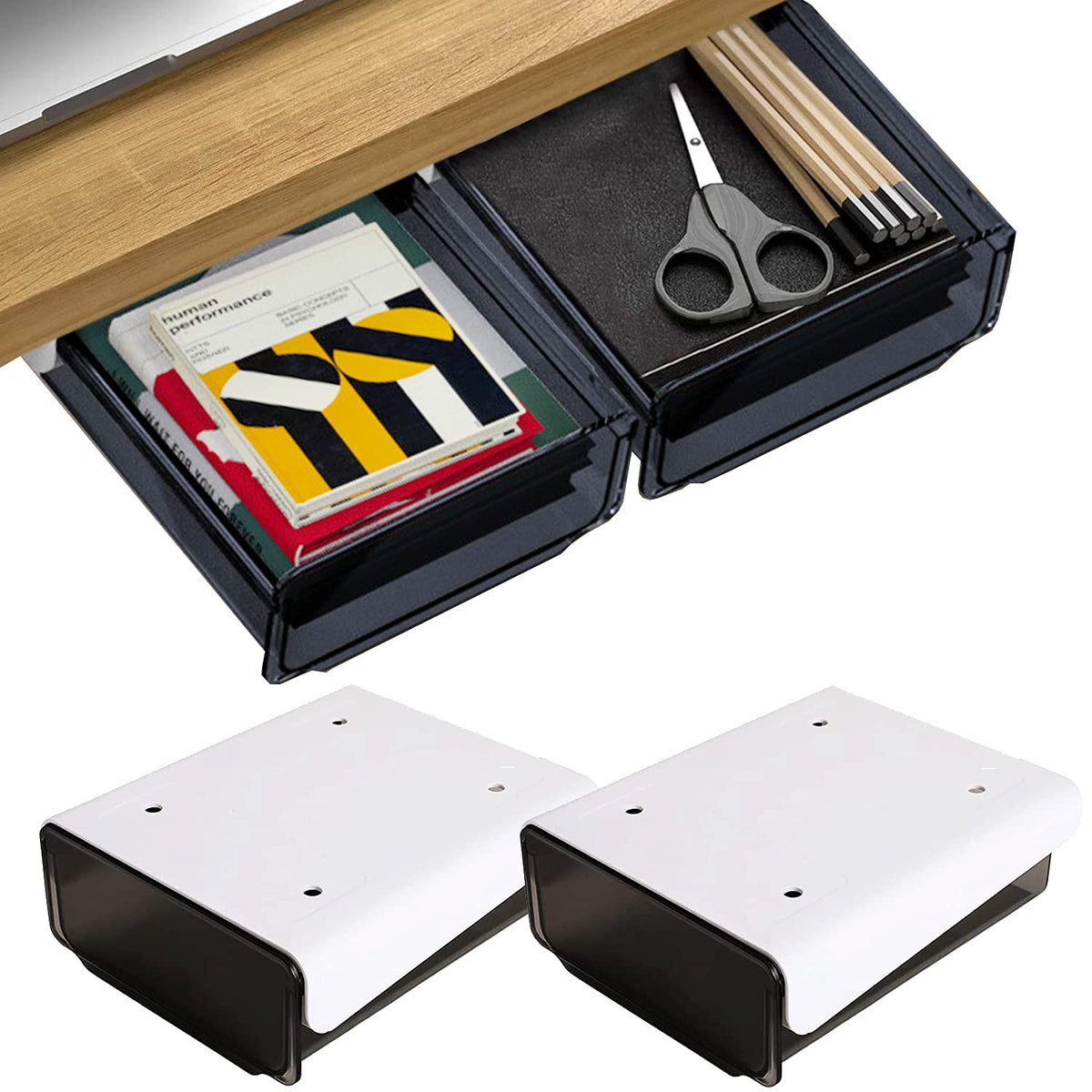 OSPNIEEK Self-adhesive Under Desk Drawer Organizer, 2 Pack Table Hidden Slide Out Large Storage