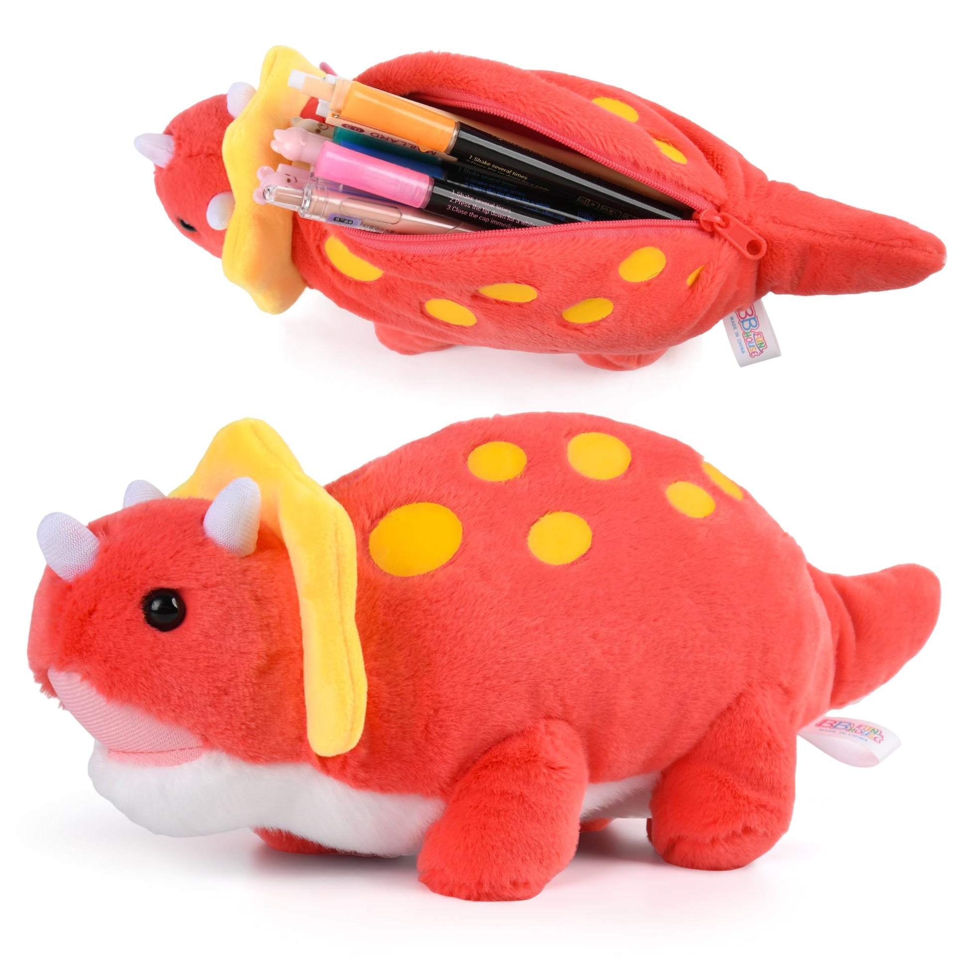 Pencil Case for Kids, BB FUNHOUSE 3D Stuffed Triceratops Plush Pen Pouch Bag Stationery Case School