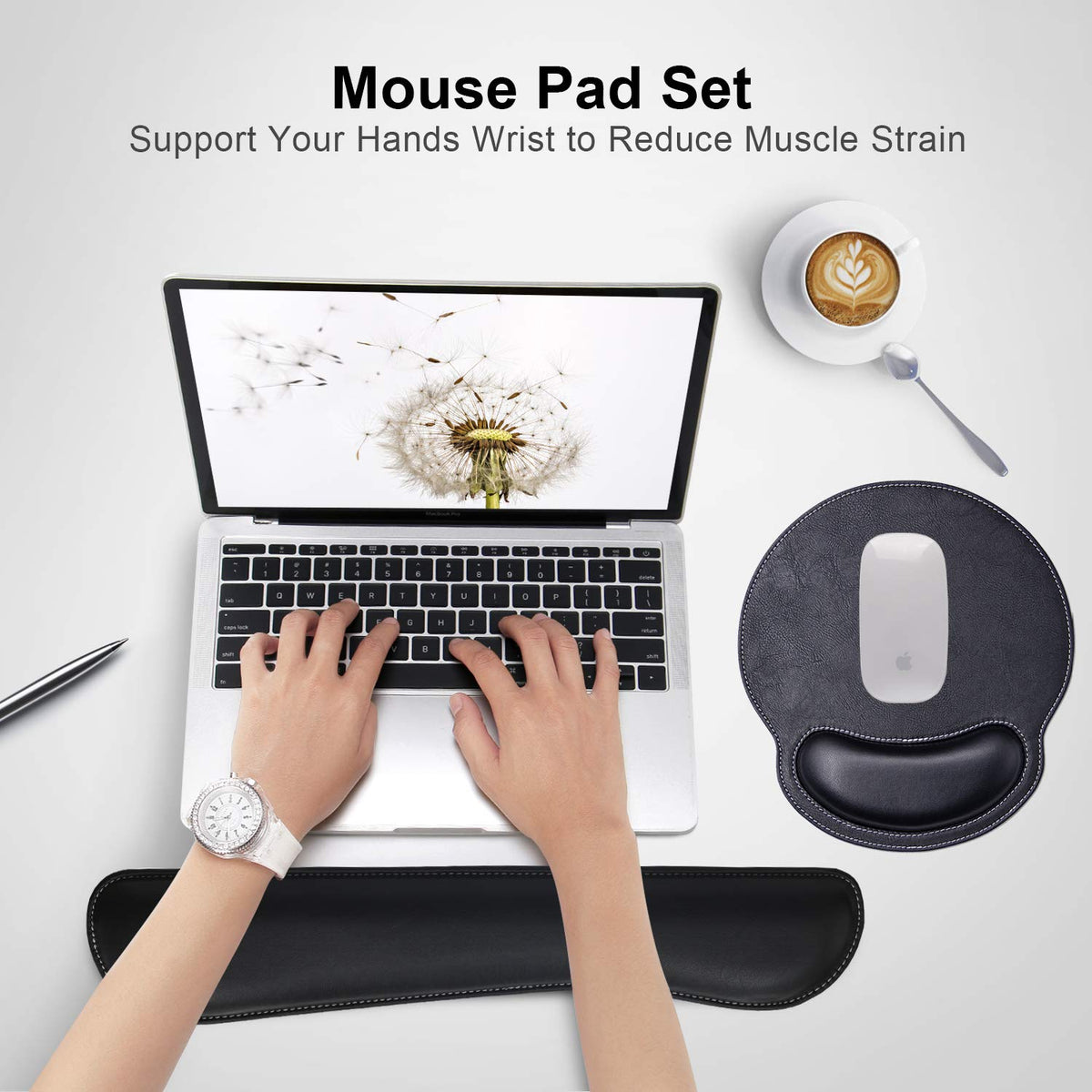 Mouse Pads with Wrist Support and Keyboard Wrist Rest Pad Set,Ergonomic PU Leather Mouse Pad for