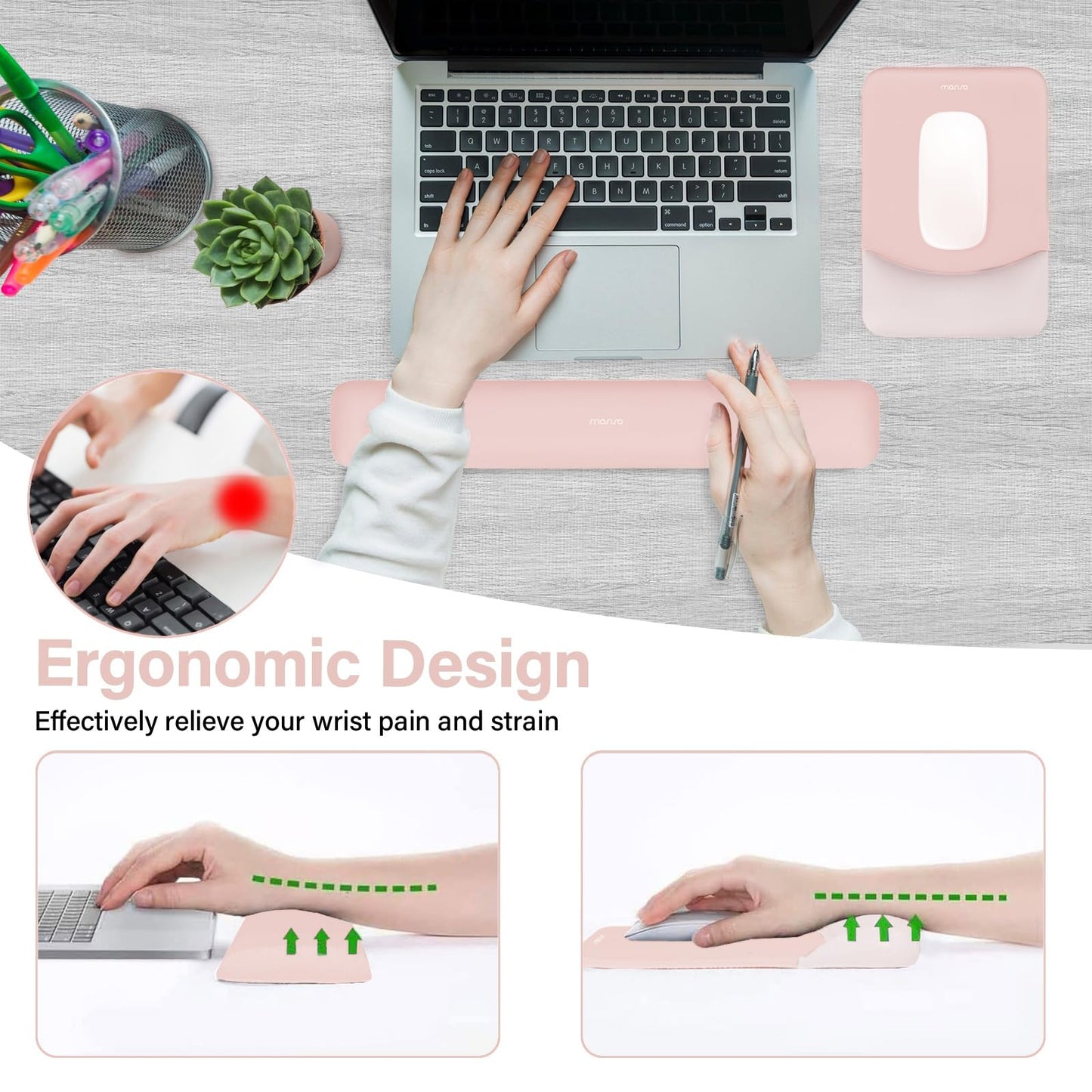 MOSISO Wrist Rest Support Mouse Pad & Keyboard Set, Baby Pink