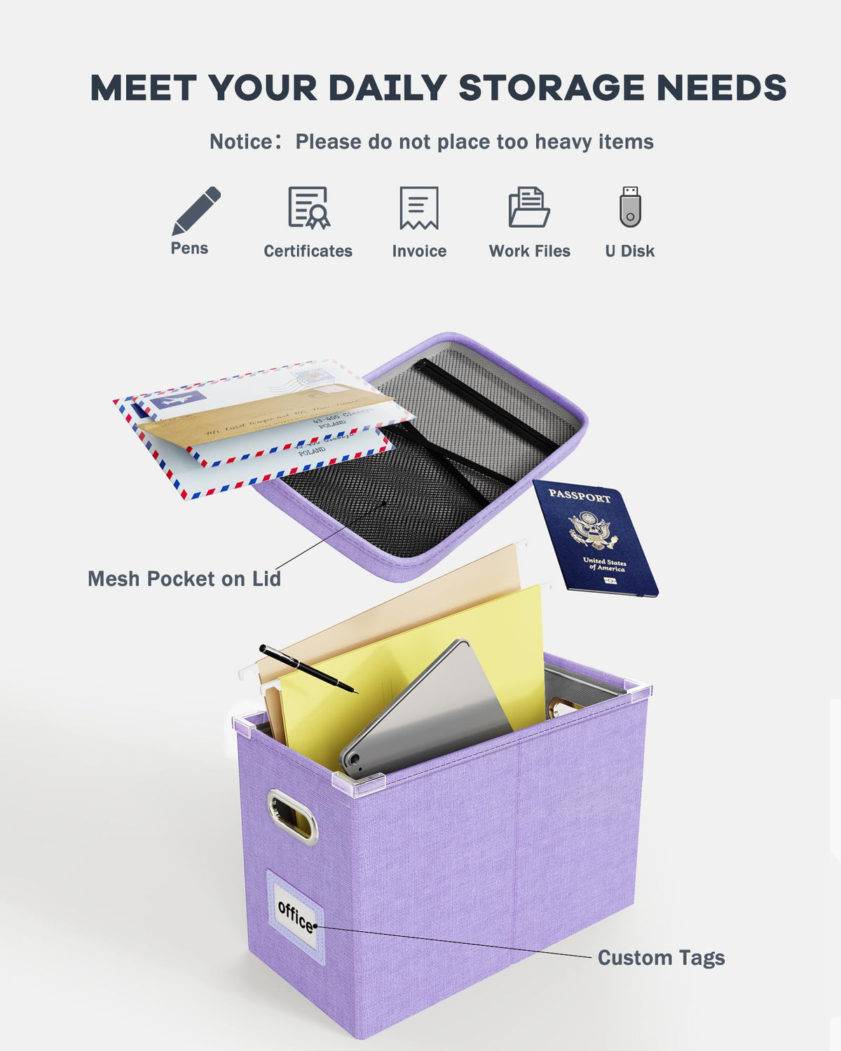 Oterri File Organizer Box with Lid, Hanging Filing File Box with Mesh Pocket, Document Organizer