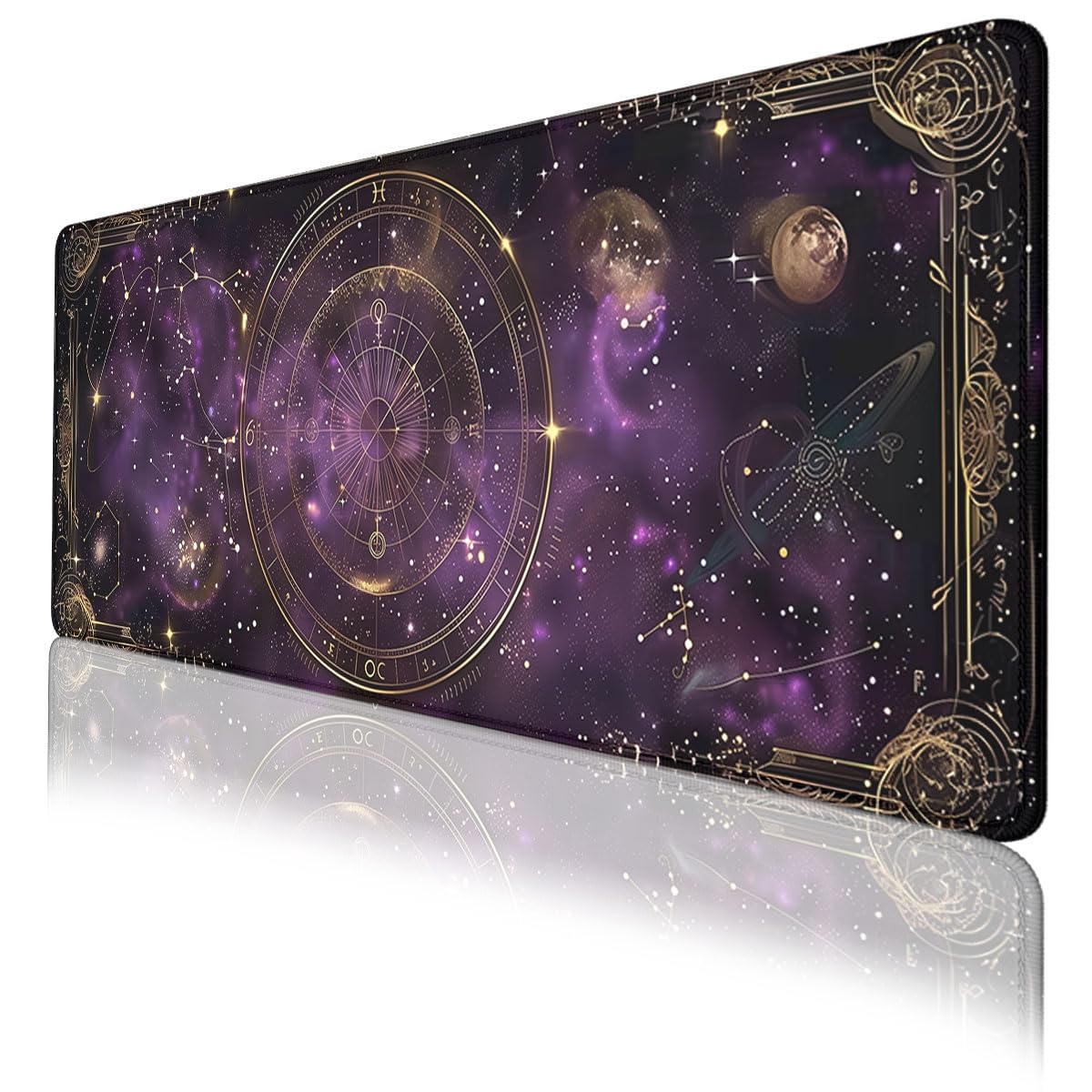 Purple Star Moon Card Desk Pad Mouse Pad Mysterious Galaxy Large Gaming Mouse Mat with Stitched