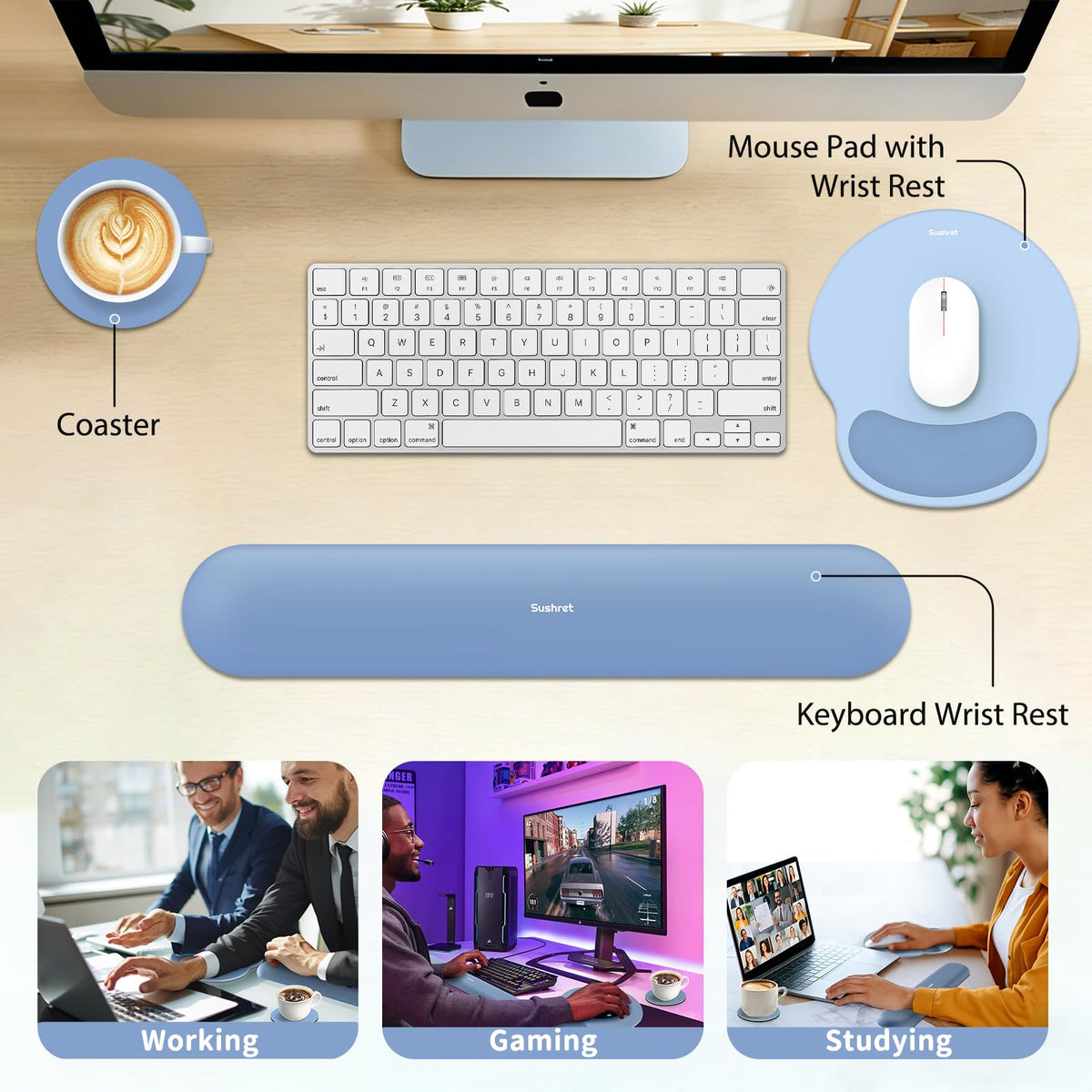 Sushret Mouse Pad and Keyboard Wrist Rest, 3-in-1 Gel Memory Foam Ergonomic Mouse Pad with Wrist