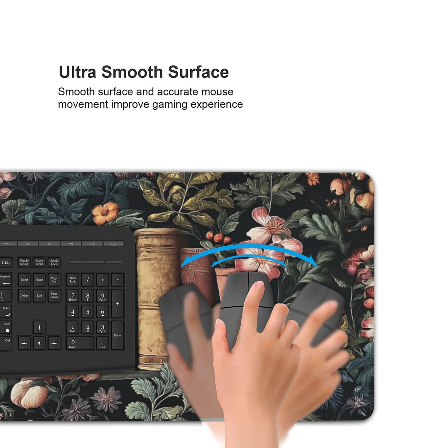 Dark Academia Desk Mat, Floral & Book Pattern XXL Mouse Pad with Anti-Slip Base & Stitched Edges