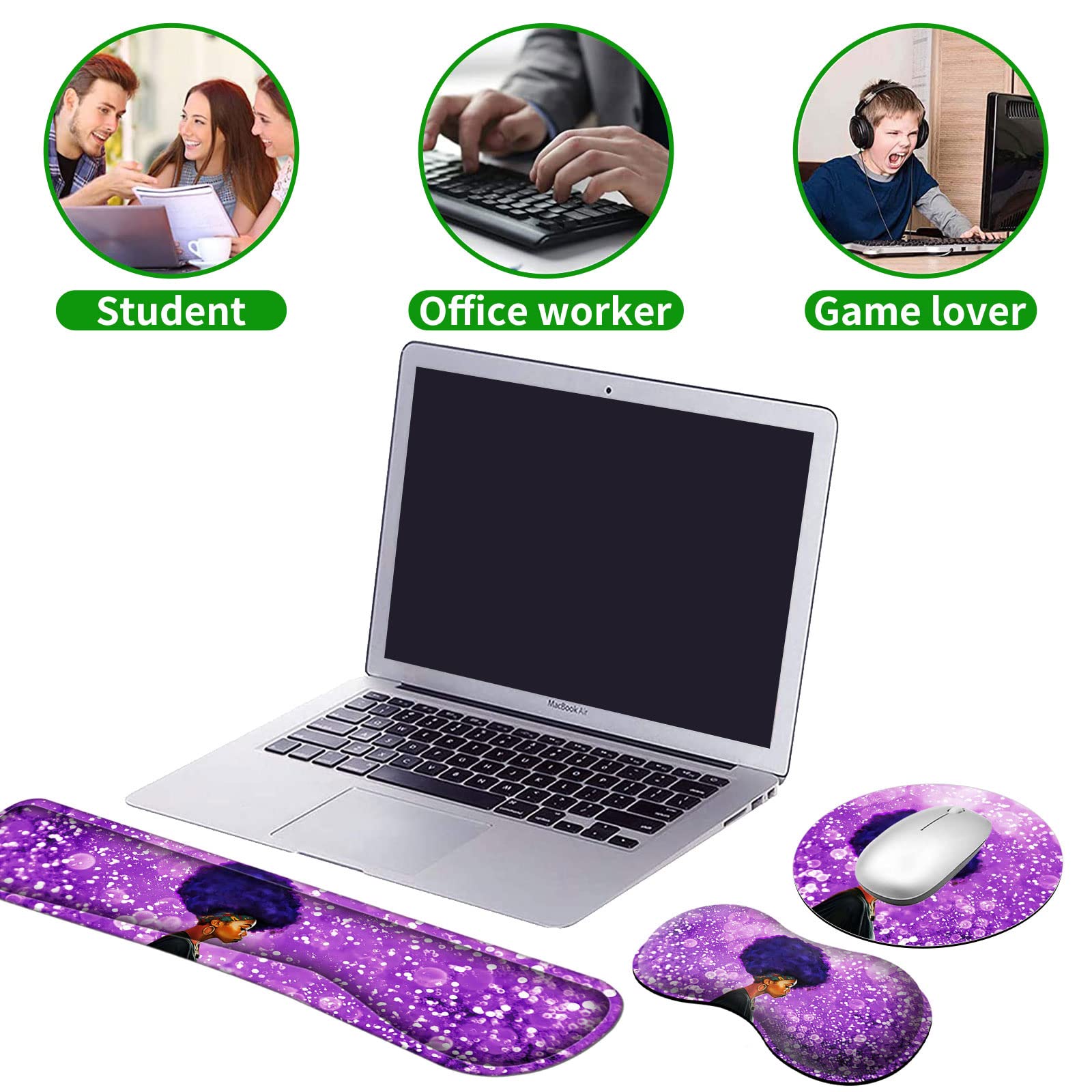 Ergonomic Keyboard Wrist Rests Gel Memory Foam Mouse Pad with Round Mousepad + Coasters, Wrist