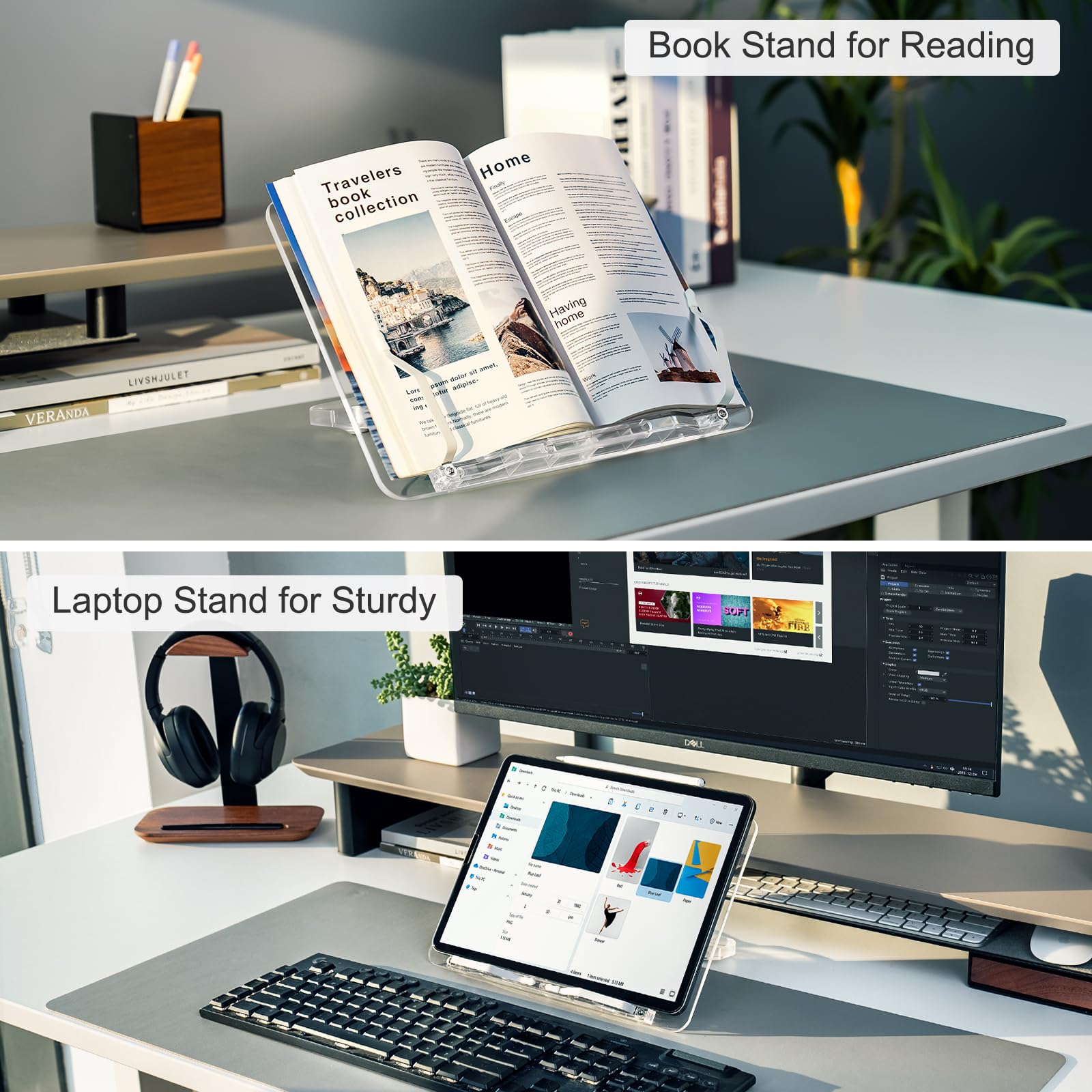 Acrylic Book Stand for Reading, Portable Book Holder for Desk, Angle Adjustable Textbook Stand for