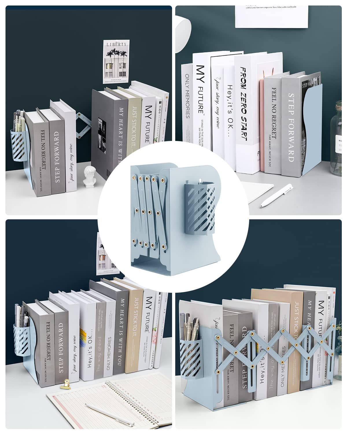 MSDADA Adjustable Bookends, Book Ends for Heavy Books, Expandable Book Organizer with Pen Holder