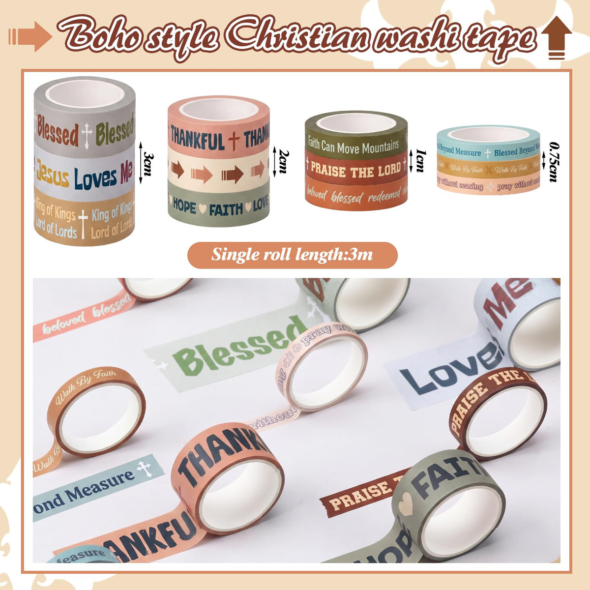 Janlaugh 24 Rolls Christian Washi Tape Gifts, Boho Religious, Multi Size