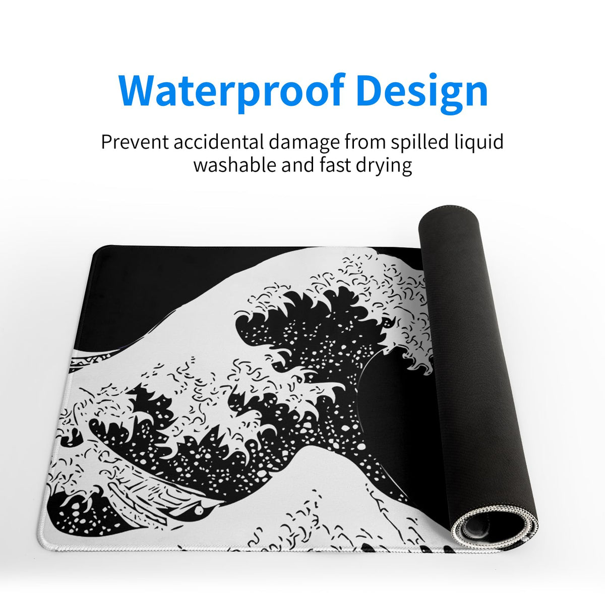 Japanese Sea Wave Large Mouse Pad, Abstract Black Gaming Mousepad, Extended Kanagawa Mat Desk Pad