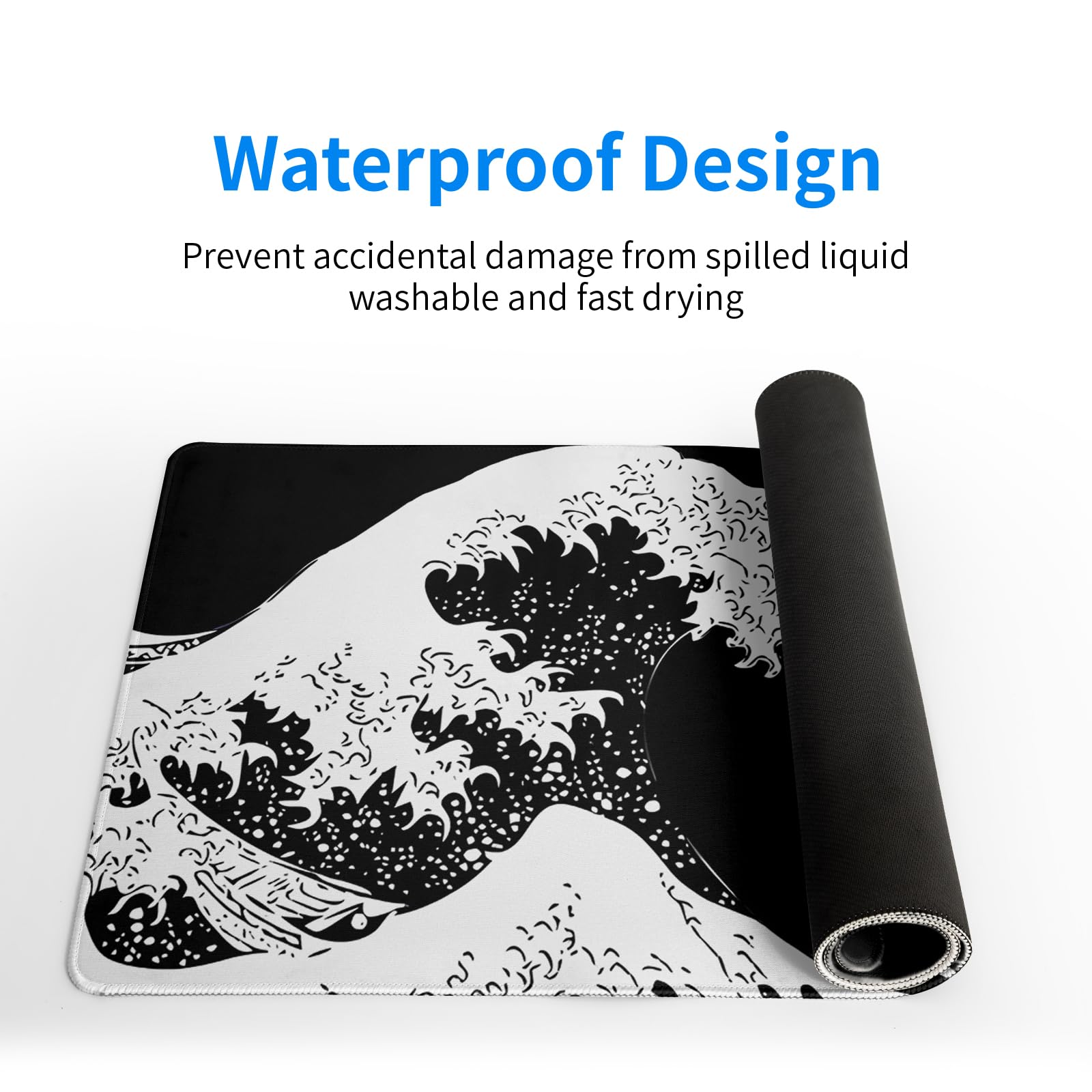 Japanese Sea Wave Large Mouse Pad, Abstract Black Gaming Mousepad, Extended Kanagawa Mat Desk Pad