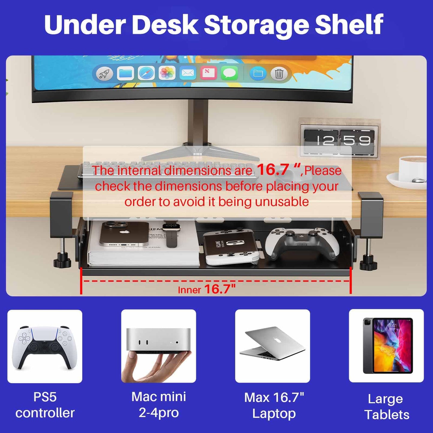 BYMECOST No Drill Under Desk Laptop Mount, Metal Under Desk Storage Shelf