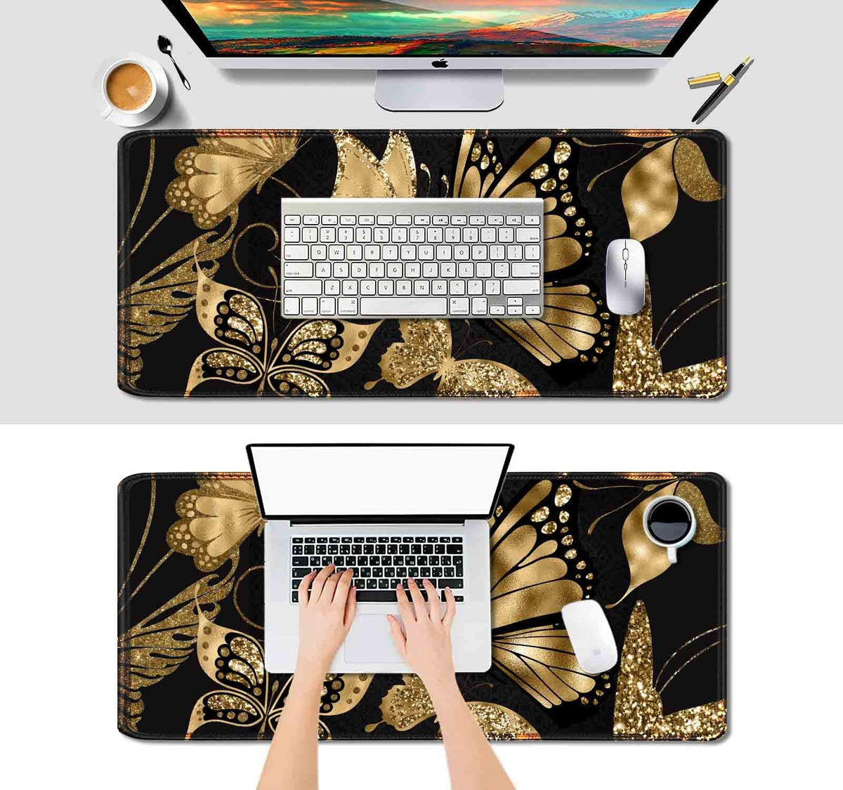 IMAYONDIA Black and Gold Desk Mat (35.4x15.7 in), XL XXL Gaming Large Mouse Pad, Non-Slip Rubber