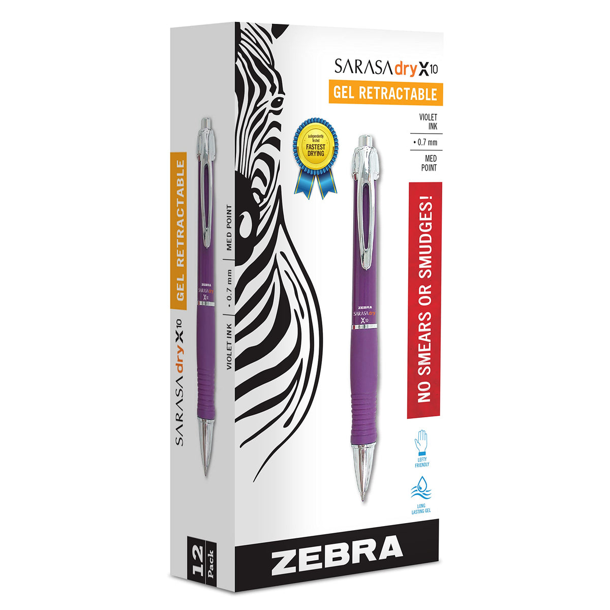 Zebra Pen GR8 Gel Pen, Retractable, Medium 0.7 mm, Violet Ink, Violet/Silver Barrel, 12/Pack
