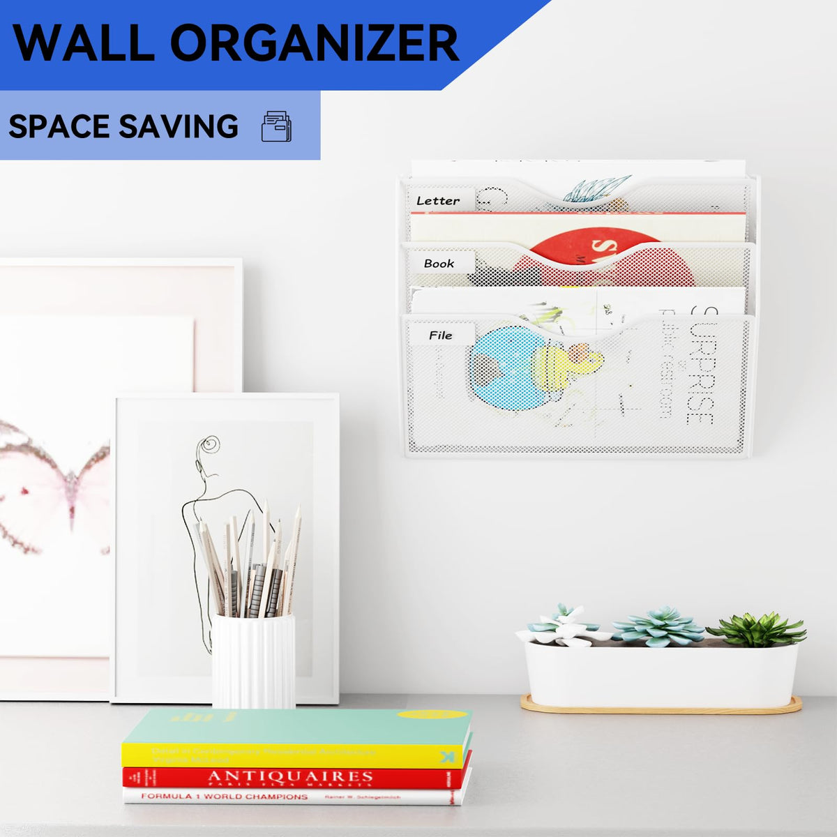 GDINDINFAN 3 Pockets Hanging Wall File Organizer Mail Holder, Wall Mounted Paper Document Folder