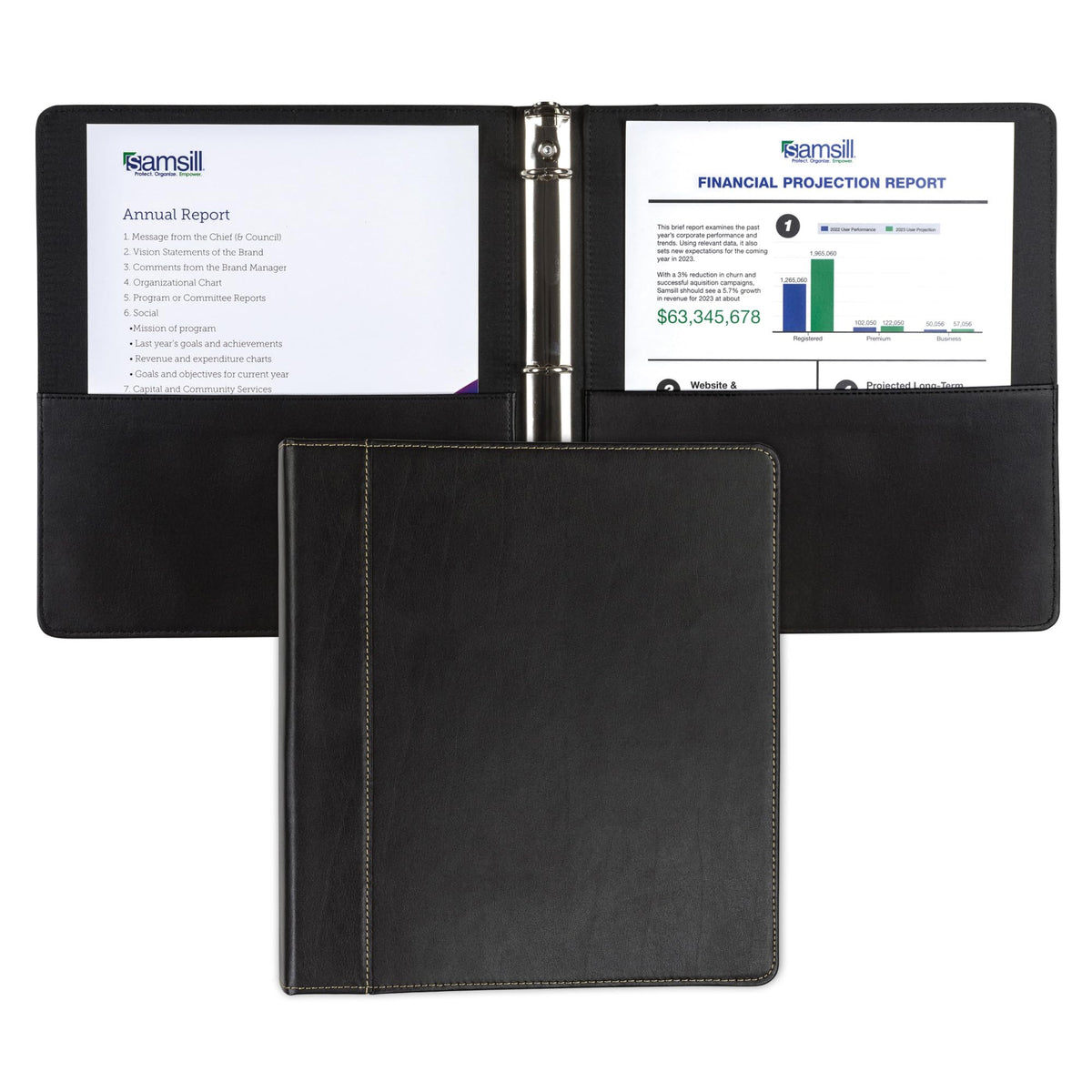 Samsill 1 Inch 3 Ring Binder, Leather, Black with Contrast Stitching, 8.5X 11 Inch, 3 Rings