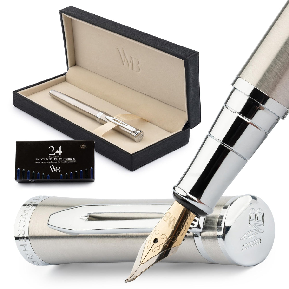 Wordsworth & Black Luxury Fountain Pen Set for Writing, Bent Nib, Silver