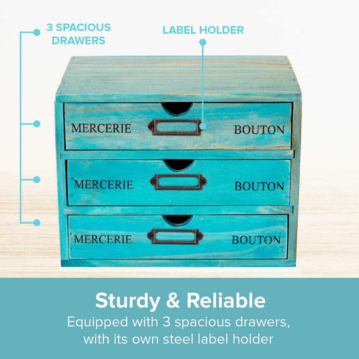 Turquoise 3-Tier Drawer Unit - European Country Style Desk Organizer Box - 9.7x7x7.5" Wooden Teal