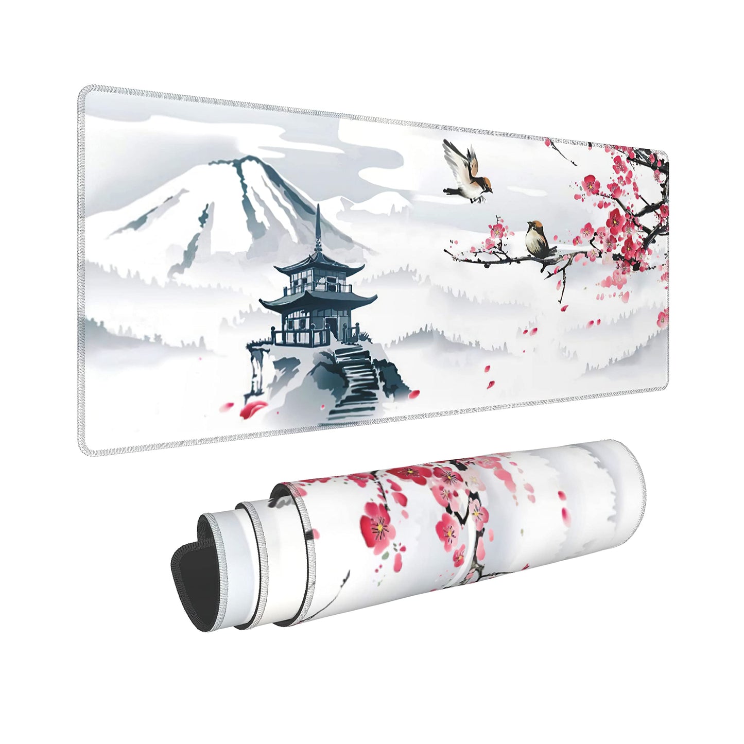Japanese Pagoda Cherry Blossom Gaming Mouse Pad XL Birds Sakura Branch Mountain Extended Large Desk