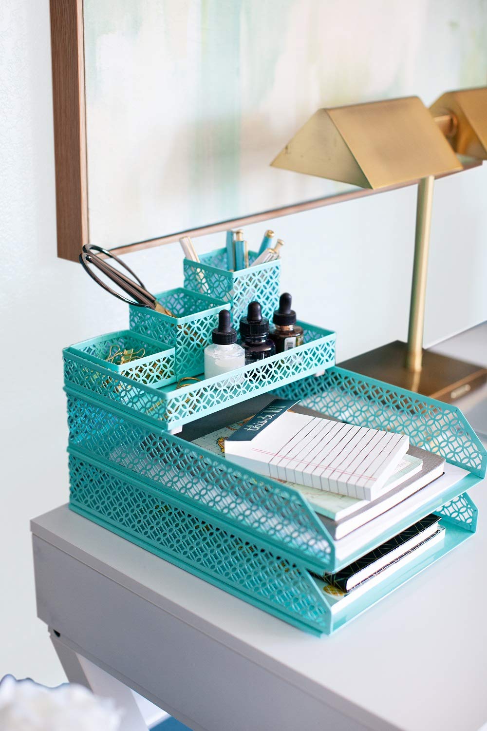 BLU MONACO | Aqua Desk Organizer Set for Women 6 Piece | Mail Sorter Organizer Countertop with