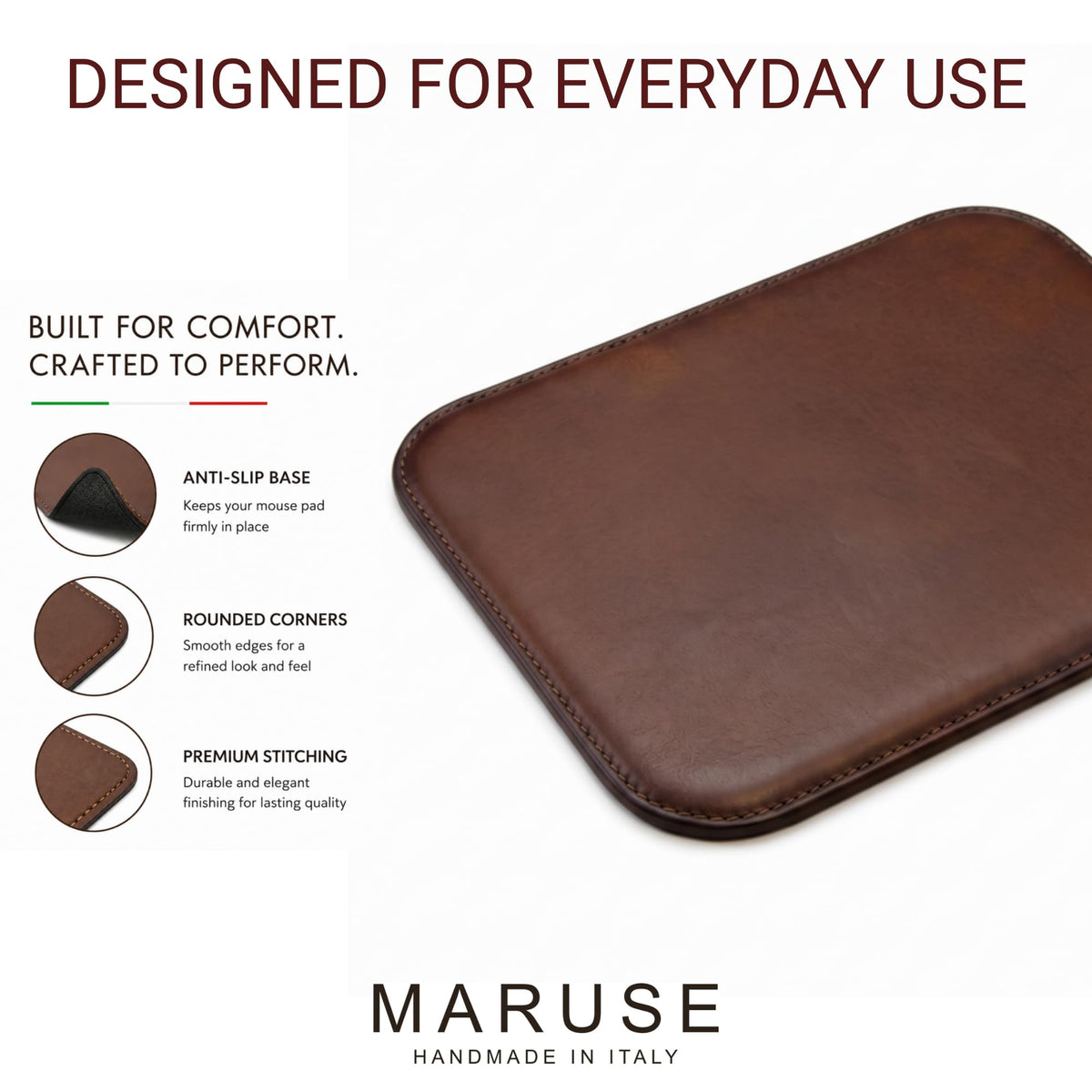 Maruse Italian Leather Mouse Pad for Home or Office Desktop, Handmade in Italy, Brown