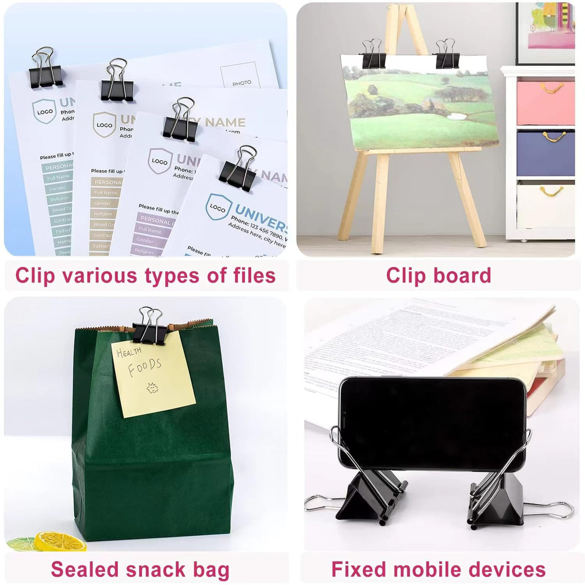 STOLCA 208 PCS Binder Clips Paper Clamps Assorted Sizes, Metal Paper Binder Clip, Black Binding