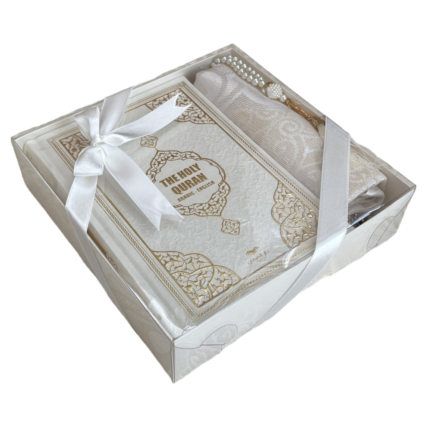 English Translate Thermo Leather Covered Quran, Tafta Prayer Mat and Beads Set | Hajj Present for
