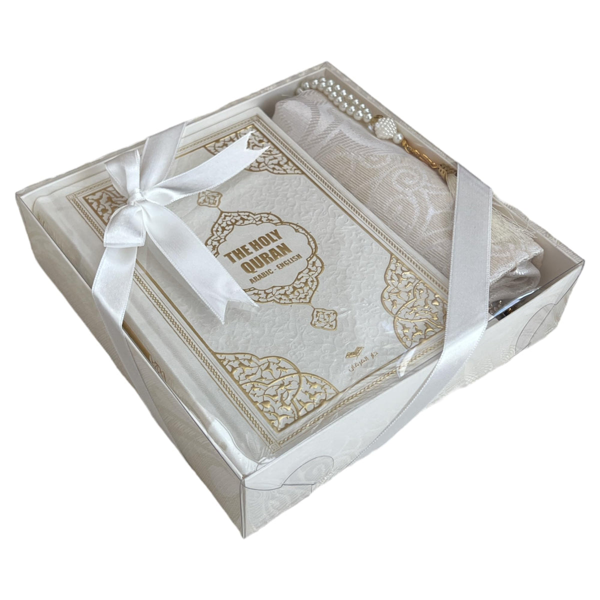English Translate Thermo Leather Covered Quran, Tafta Prayer Mat and Beads Set | Hajj Present for