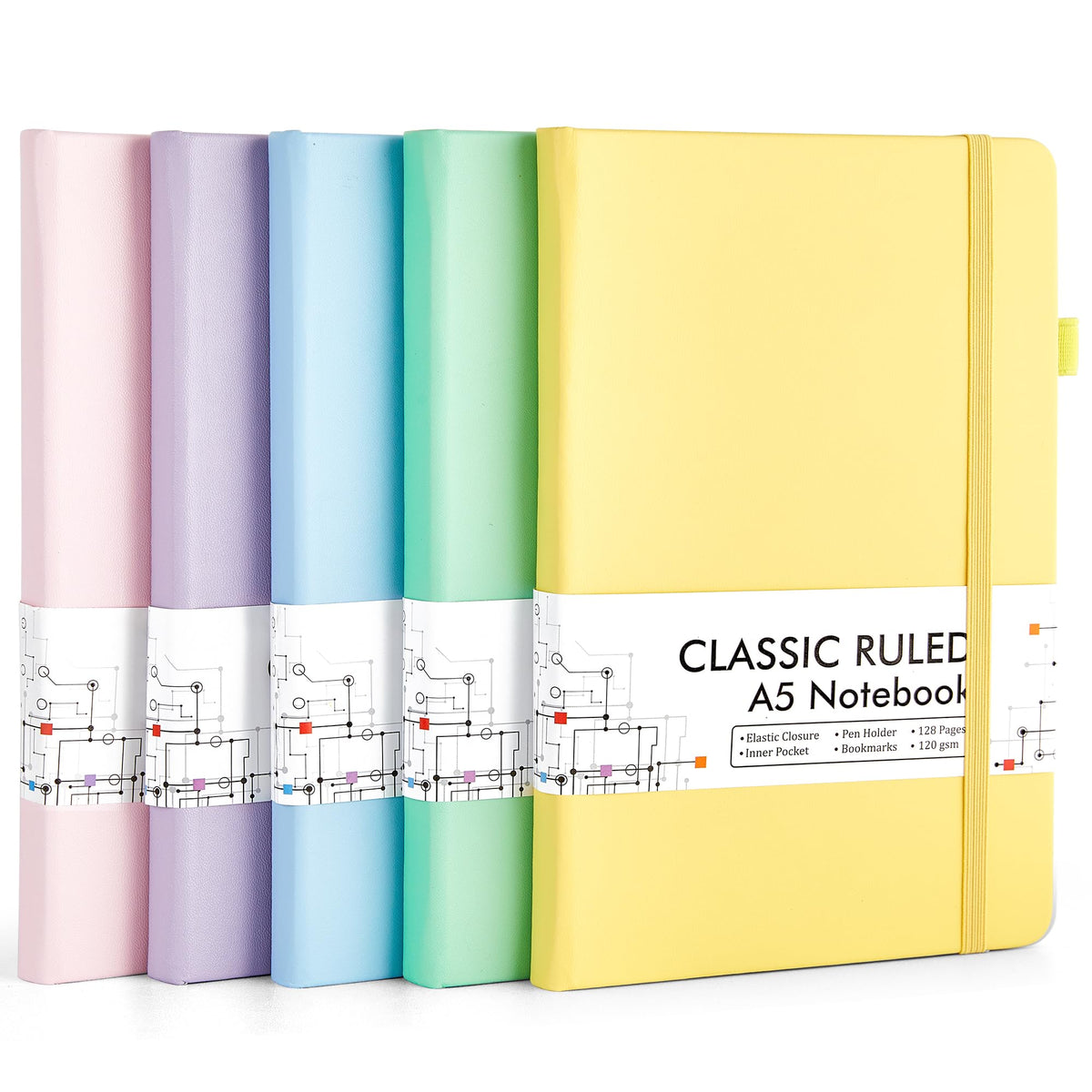 feela 5 Pack Notebooks Journals Bulk, Hardcover Classic Ruled Lined Journals with Pen Holder for